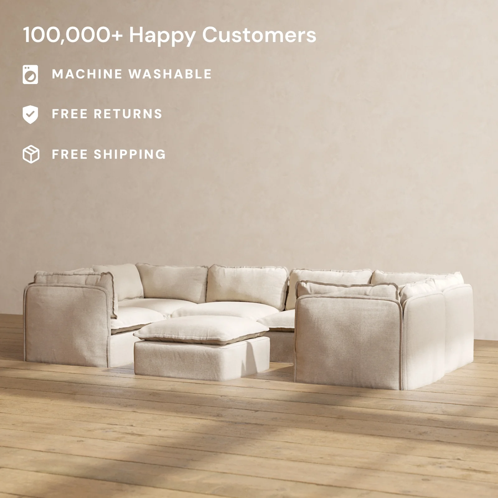 Modular Washable 6-Seater U-Sectional + Ottoman in Oat | Deluxe+ Seat | Cloud Pillow - Image 2