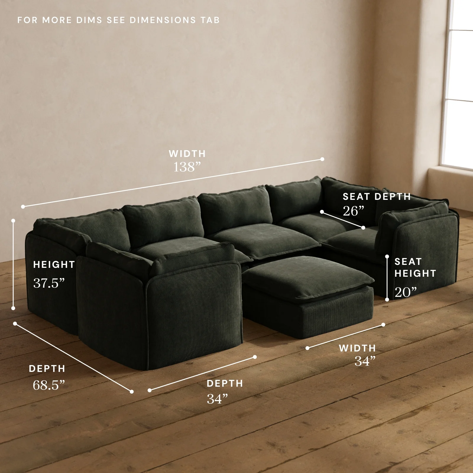 Modular Washable 6-Seater U-Sectional + Ottoman in Olivine | Deluxe+ Seat | Cloud Pillow - Image 5