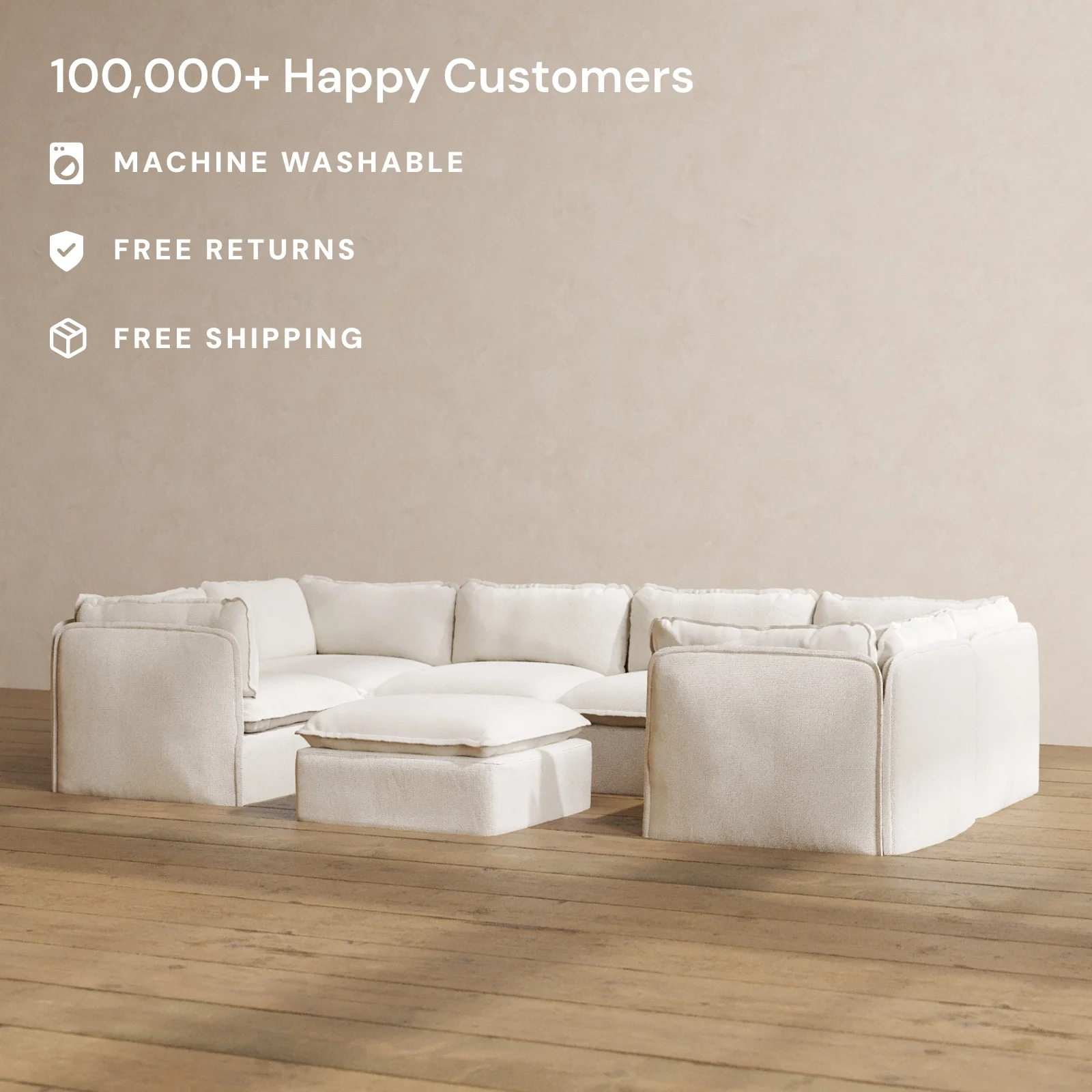 Modular Washable 6-Seater U-Sectional + Ottoman in Powder | Memorix+ Seat | Contour Pillow - Image 2
