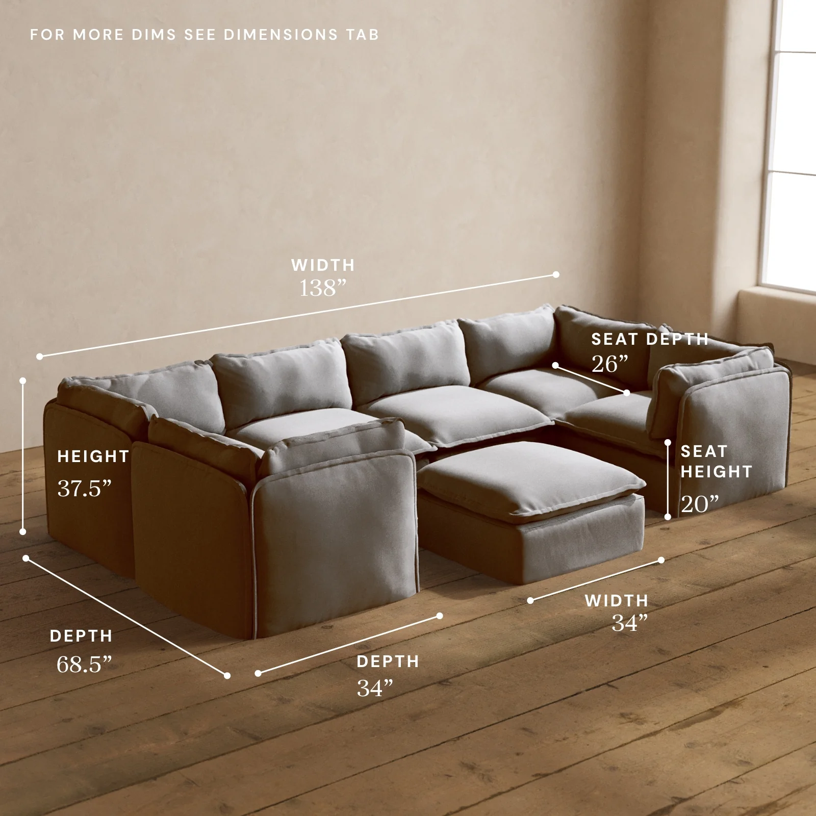 Modular Washable 6-Seater U-Sectional + Ottoman in Pumice | Deluxe+ Seat | Cloud Pillow - Image 5