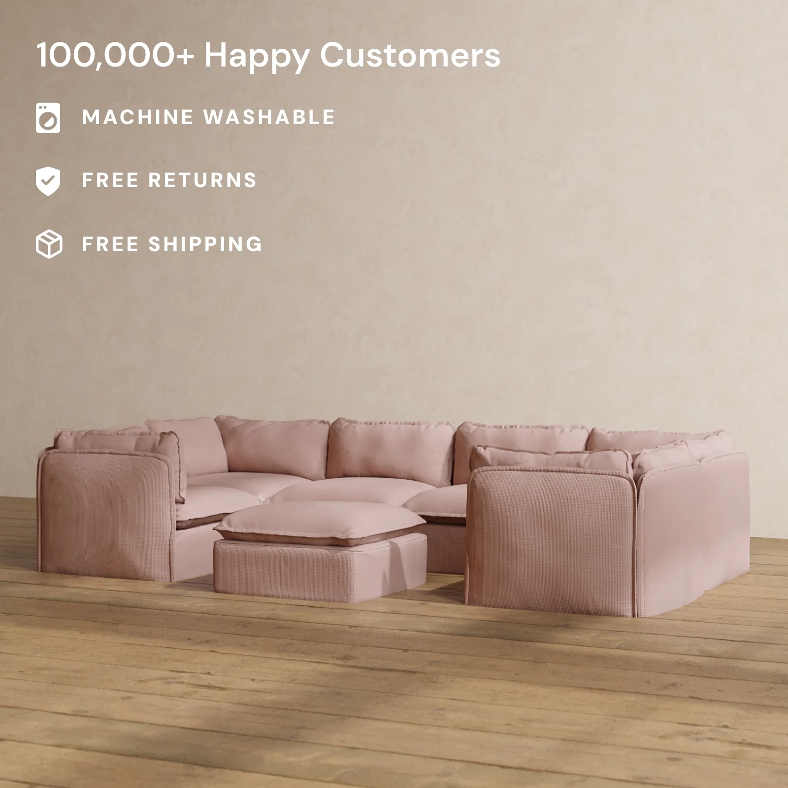 Modular Washable 6-Seater U-Sectional + Ottoman in Sakura | Deluxe+ Seat | Cloud Pillow - Image 2
