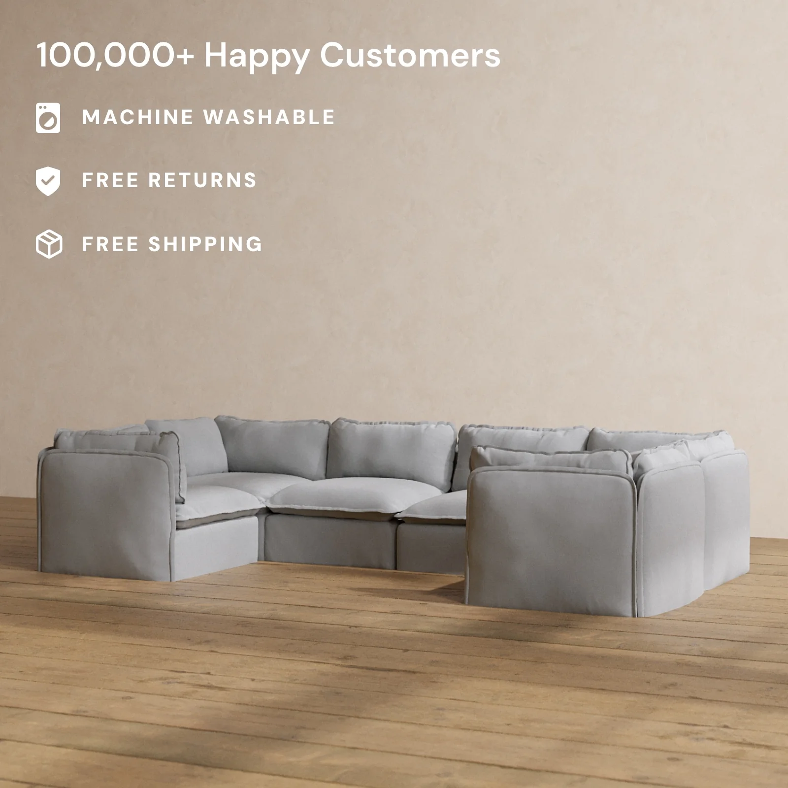 Modular Washable 6-Seater U-Sectional in Pumice | Deluxe+ Seat | Cloud Pillow - Image 2