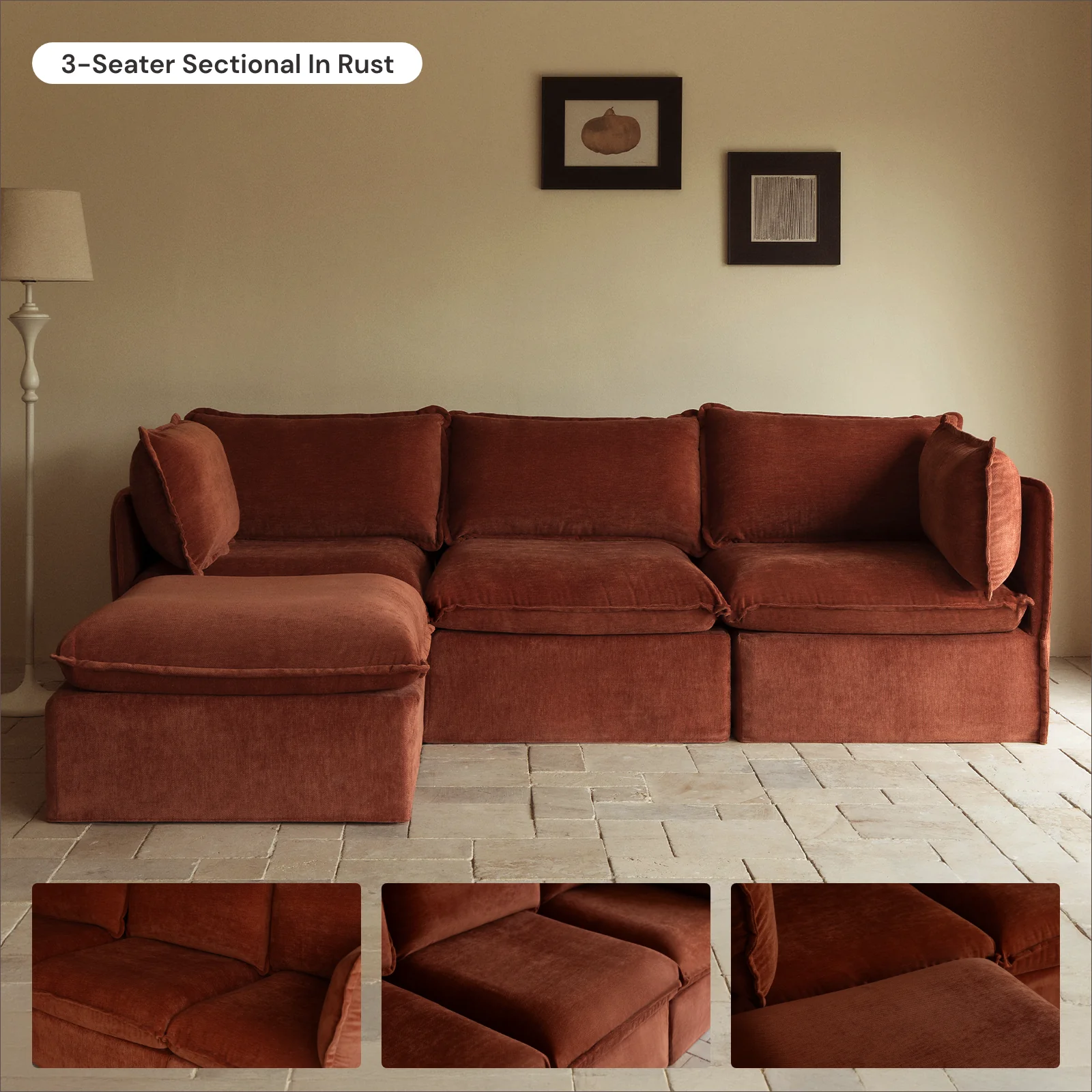 Modular Washable 6-Seater U-Sectional in Rust | Deluxe+ Seat | Cloud Pillow - Image 7