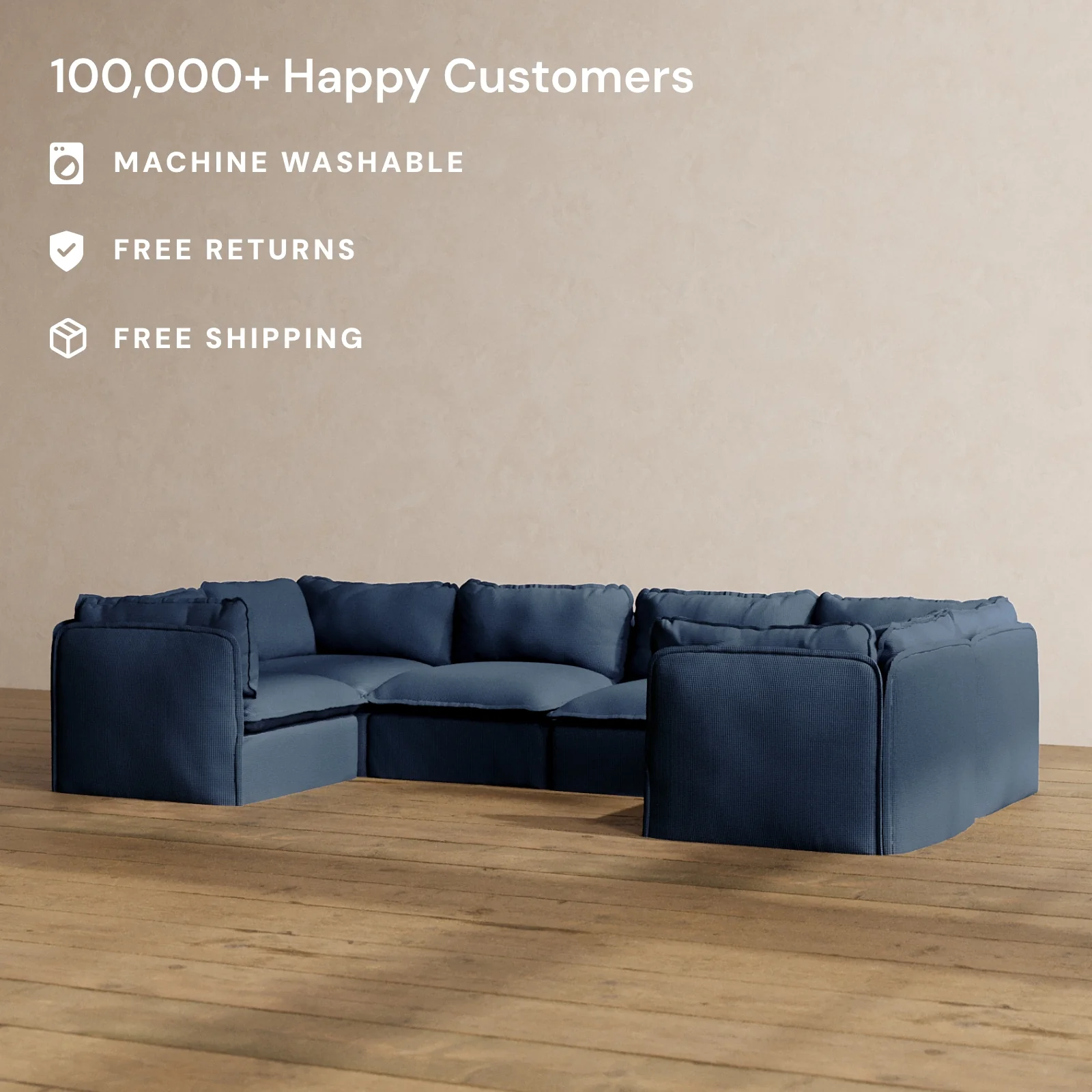 Modular Washable 6-Seater U-Sectional in Sumi | Deluxe+ Seat | Cloud Pillow - Image 2