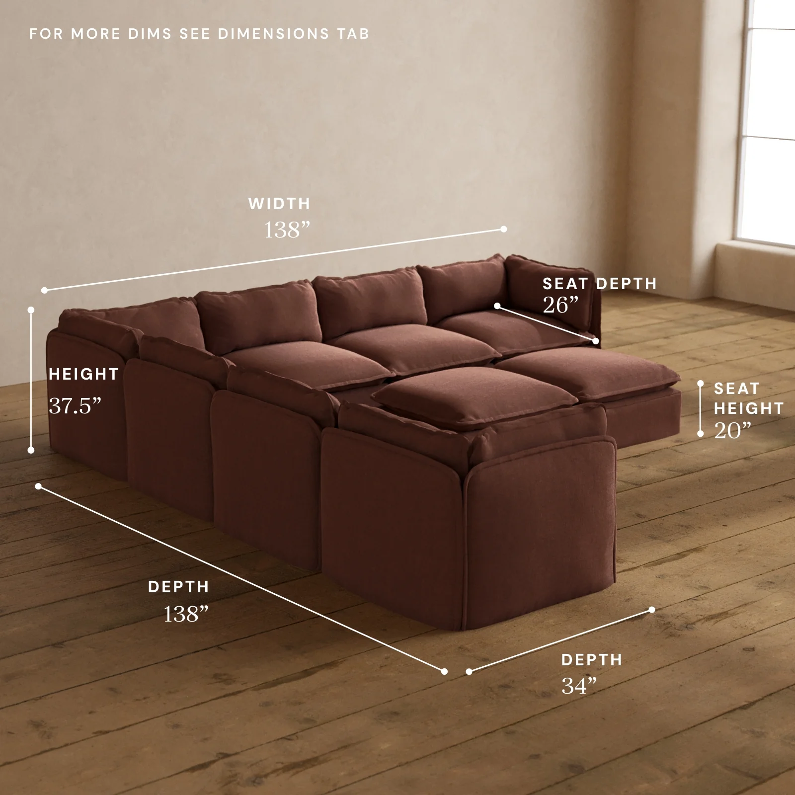 Modular Washable 7-Seater Corner Sectional + Bench Ottoman in Chestnut | Memorix+ Seat | Contour Pillow - Image 5