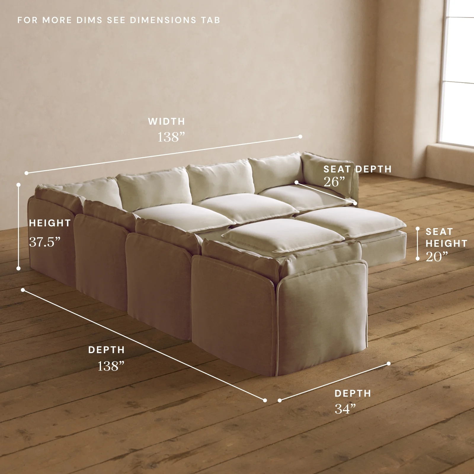 Modular Washable 7-Seater Corner Sectional + Bench Ottoman in Coco | Deluxe+ Seat | Cloud Pillow - Image 5
