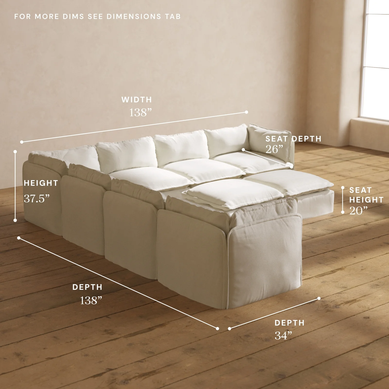 Modular Washable 7-Seater Corner Sectional + Bench Ottoman in Eggshell | Memorix+ Seat | Contour Pillow - Image 5