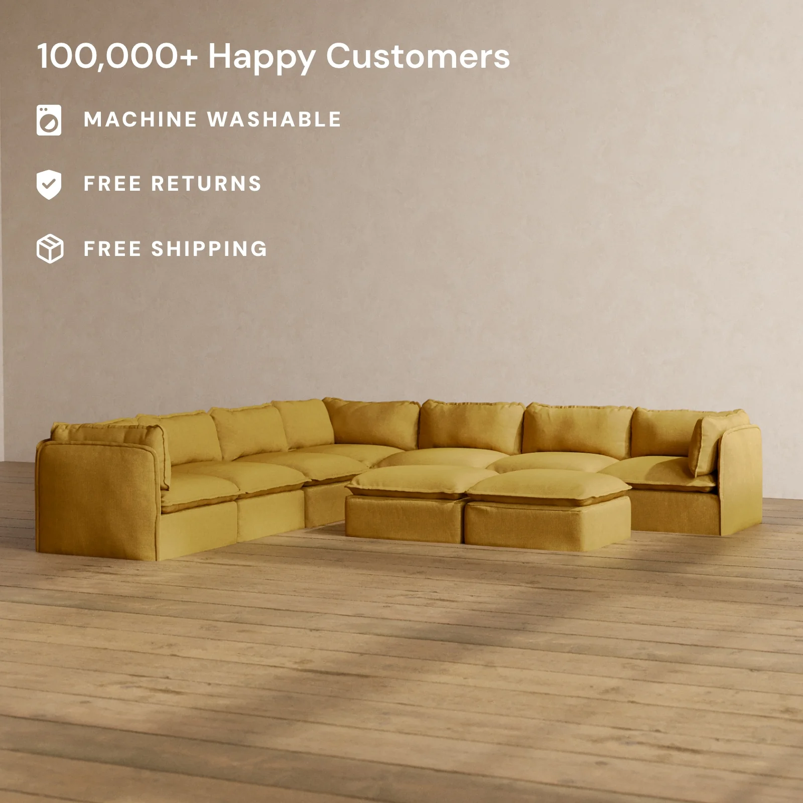 Modular Washable 7-Seater Corner Sectional + Bench Ottoman in Kiiro | Memorix+ Seat | Contour Pillow - Image 2