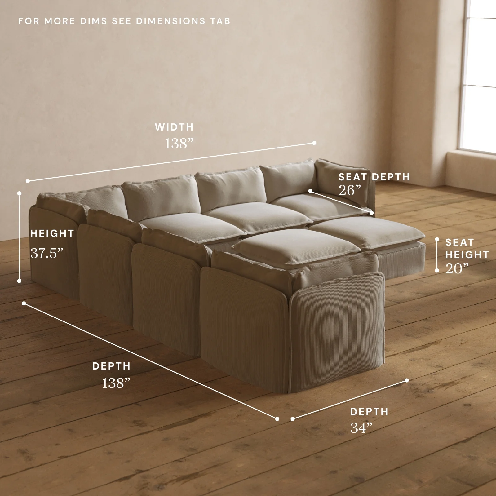 Modular Washable 7-Seater Corner Sectional + Bench Ottoman in Milk | Deluxe+ Seat | Cloud Pillow - Image 5