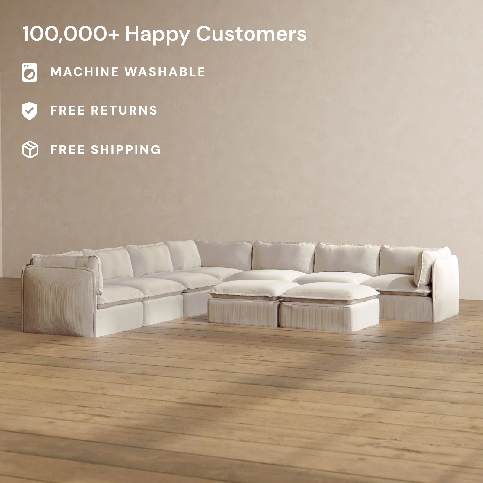 Modular Washable 7-Seater Corner Sectional + Bench Ottoman in Milk | Memorix+ Seat | Contour Pillow - Image 2