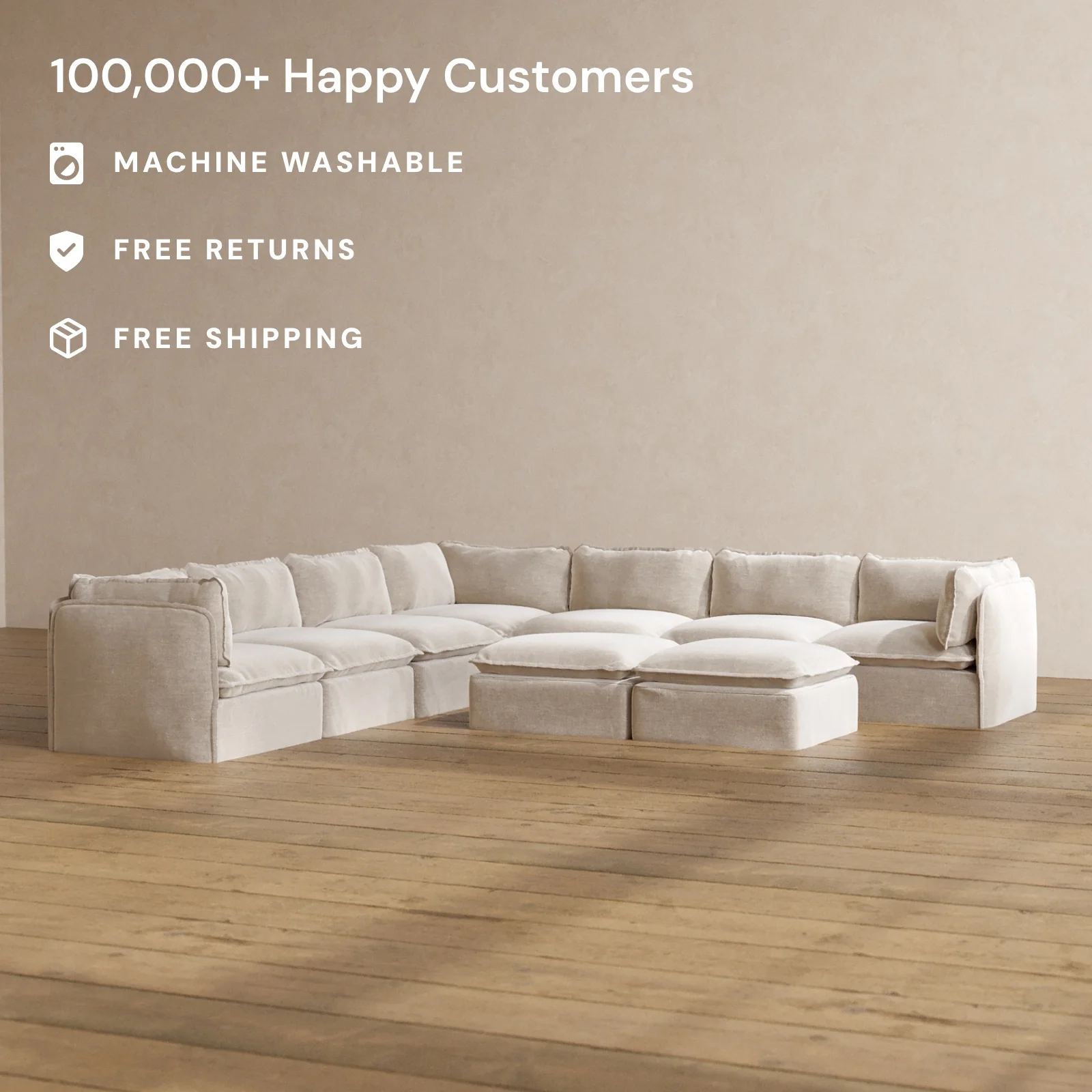 Modular Washable 7-Seater Corner Sectional + Bench Ottoman in Mist | Deluxe+ Seat | Cloud Pillow - Image 2