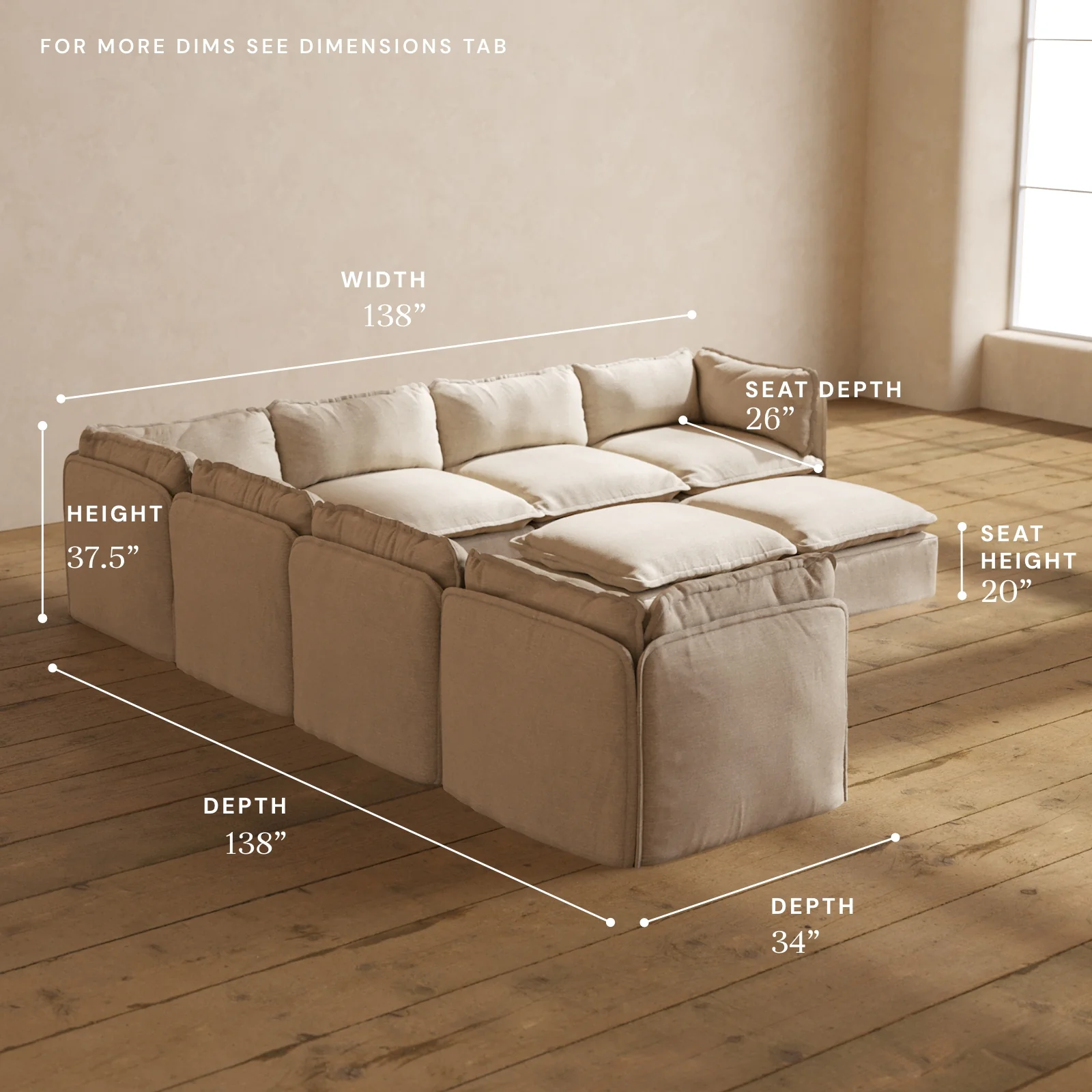 Modular Washable 7-Seater Corner Sectional + Bench Ottoman in Oat | Deluxe+ Seat | Cloud Pillow - Image 5