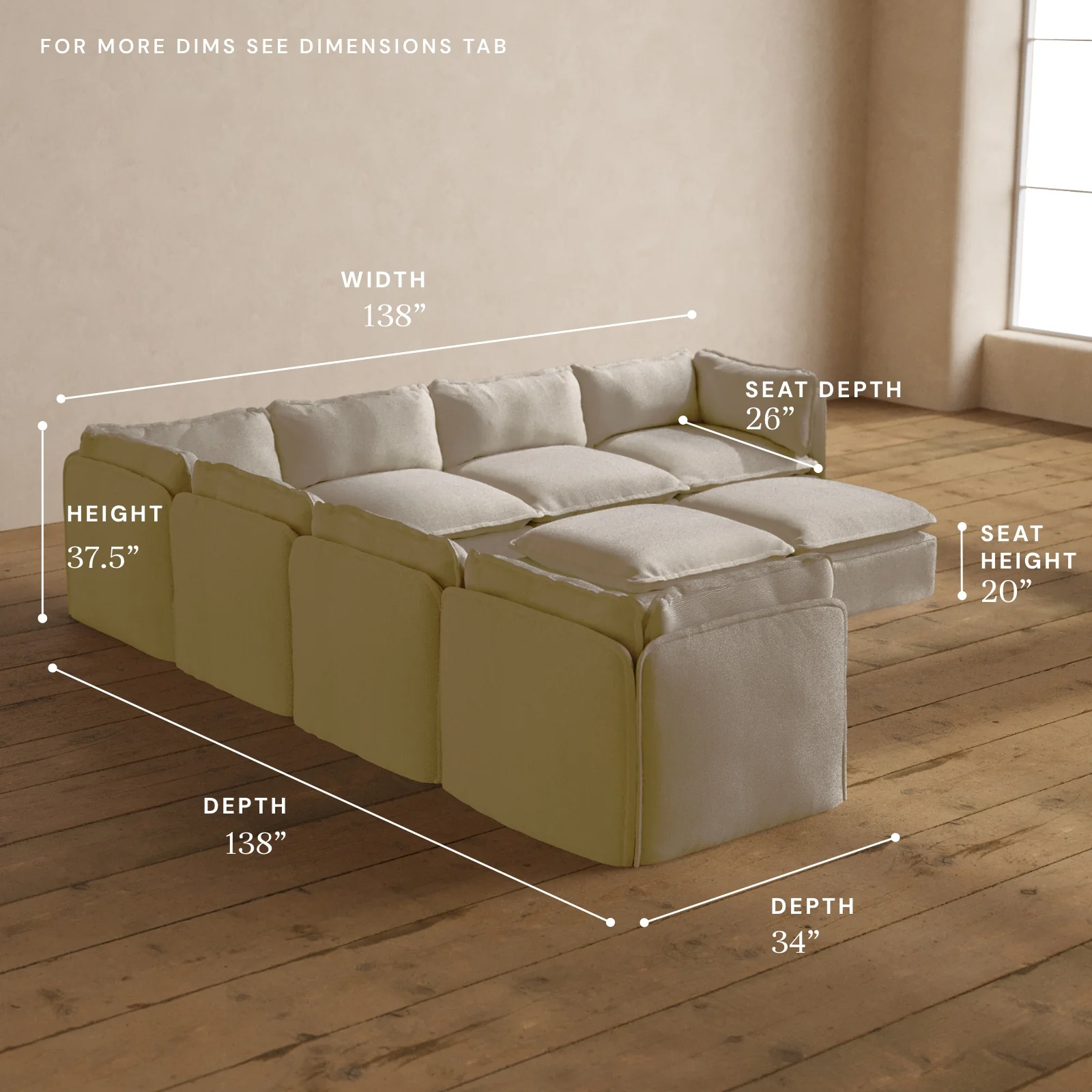 Modular Washable 7-Seater Corner Sectional + Bench Ottoman in Powder | Deluxe+ Seat | Cloud Pillow - Image 5