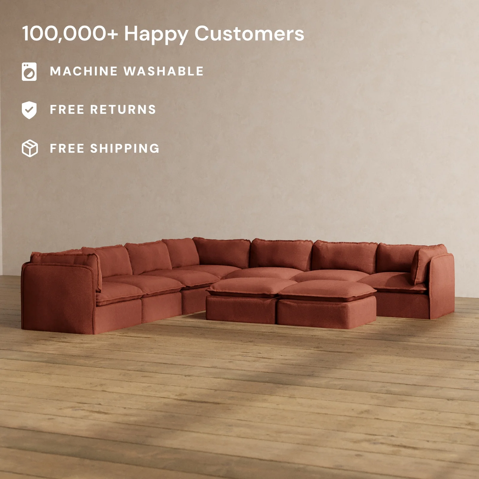 Modular Washable 7-Seater Corner Sectional + Bench Ottoman in Rust | Deluxe+ Seat | Cloud Pillow - Image 2