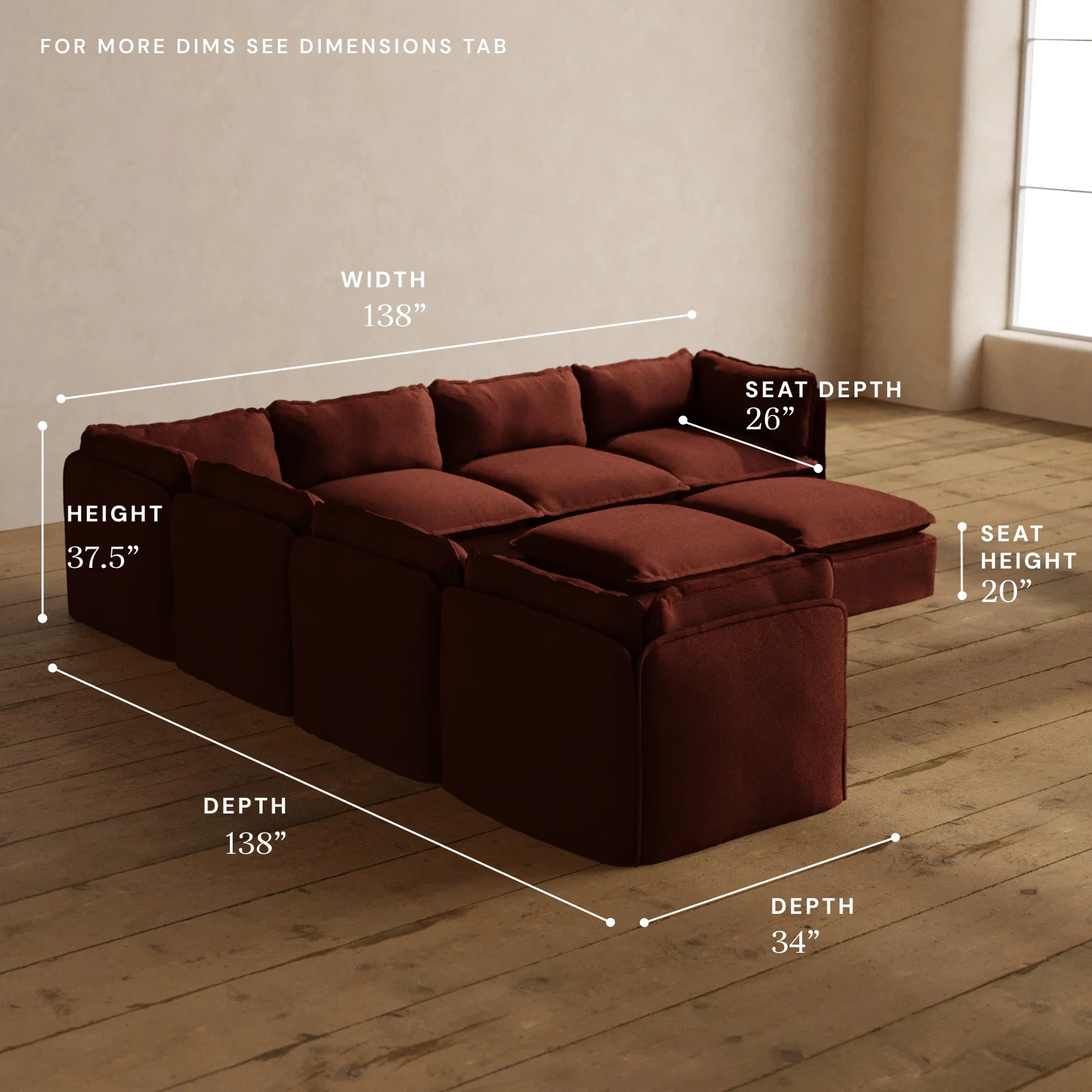 Modular Washable 7-Seater Corner Sectional + Bench Ottoman in Rust | Memorix+ Seat | Contour Pillow - Image 5