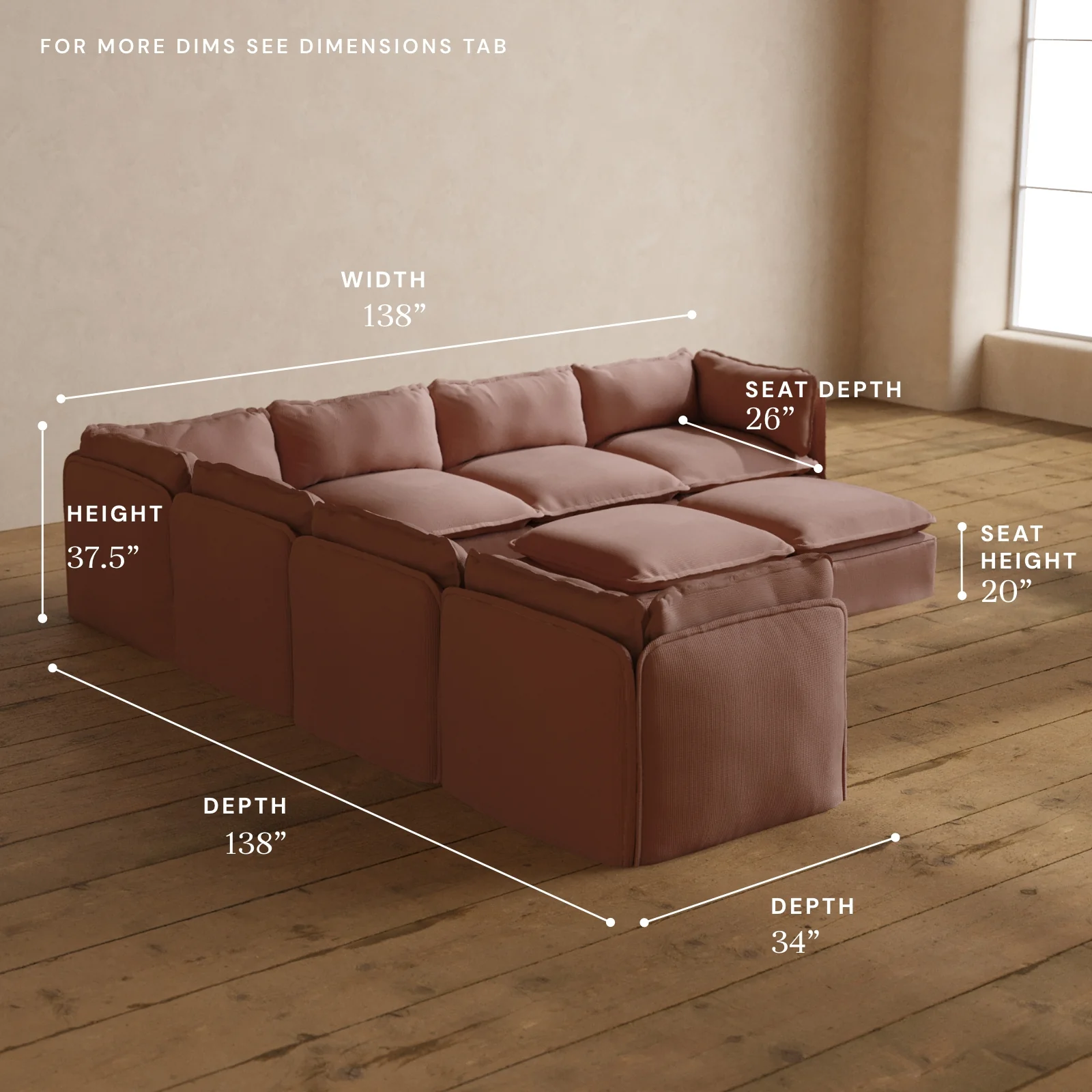 Modular Washable 7-Seater Corner Sectional + Bench Ottoman in Sakura | Deluxe+ Seat | Cloud Pillow - Image 5