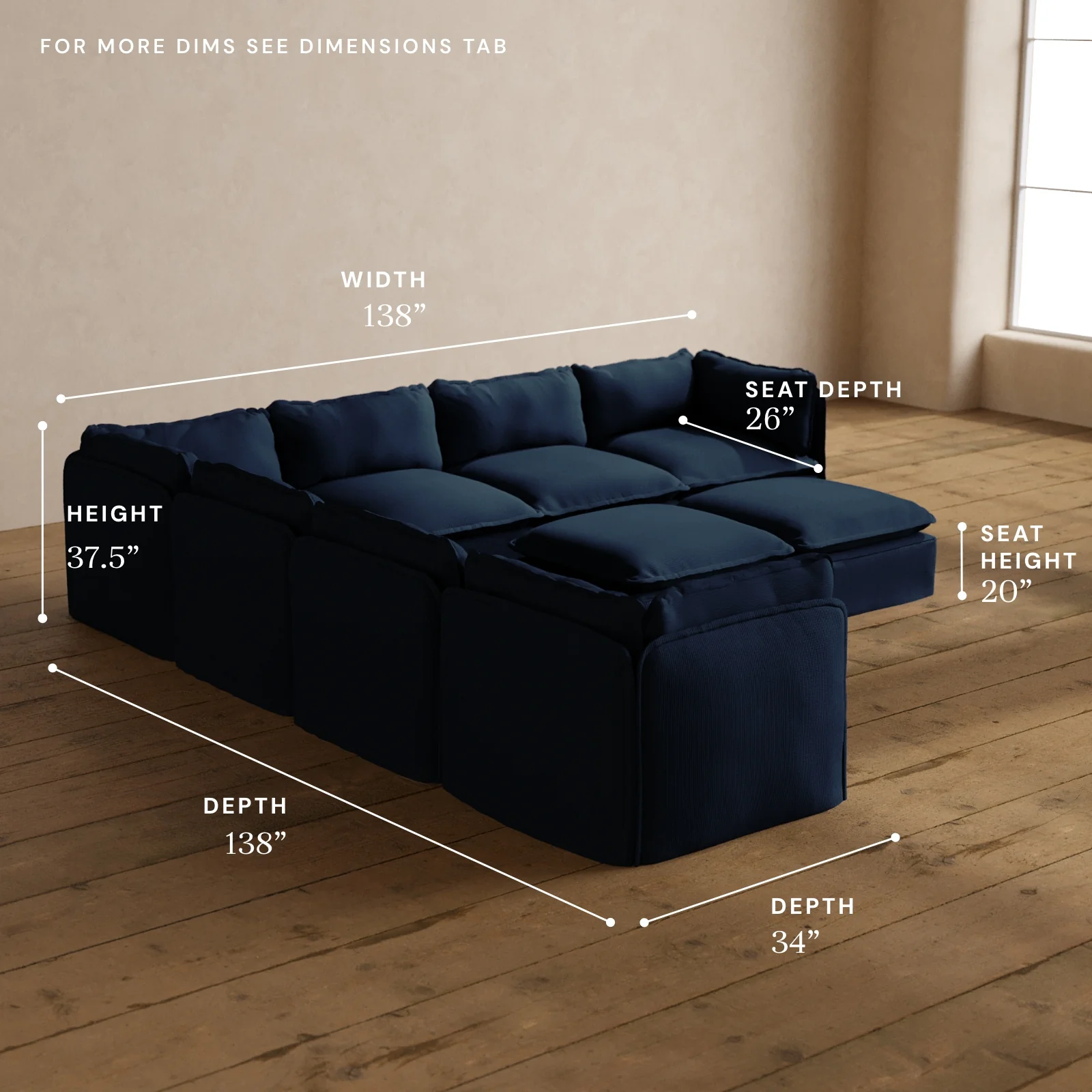 Modular Washable 7-Seater Corner Sectional + Bench Ottoman in Sumi | Deluxe+ Seat | Cloud Pillow - Image 5