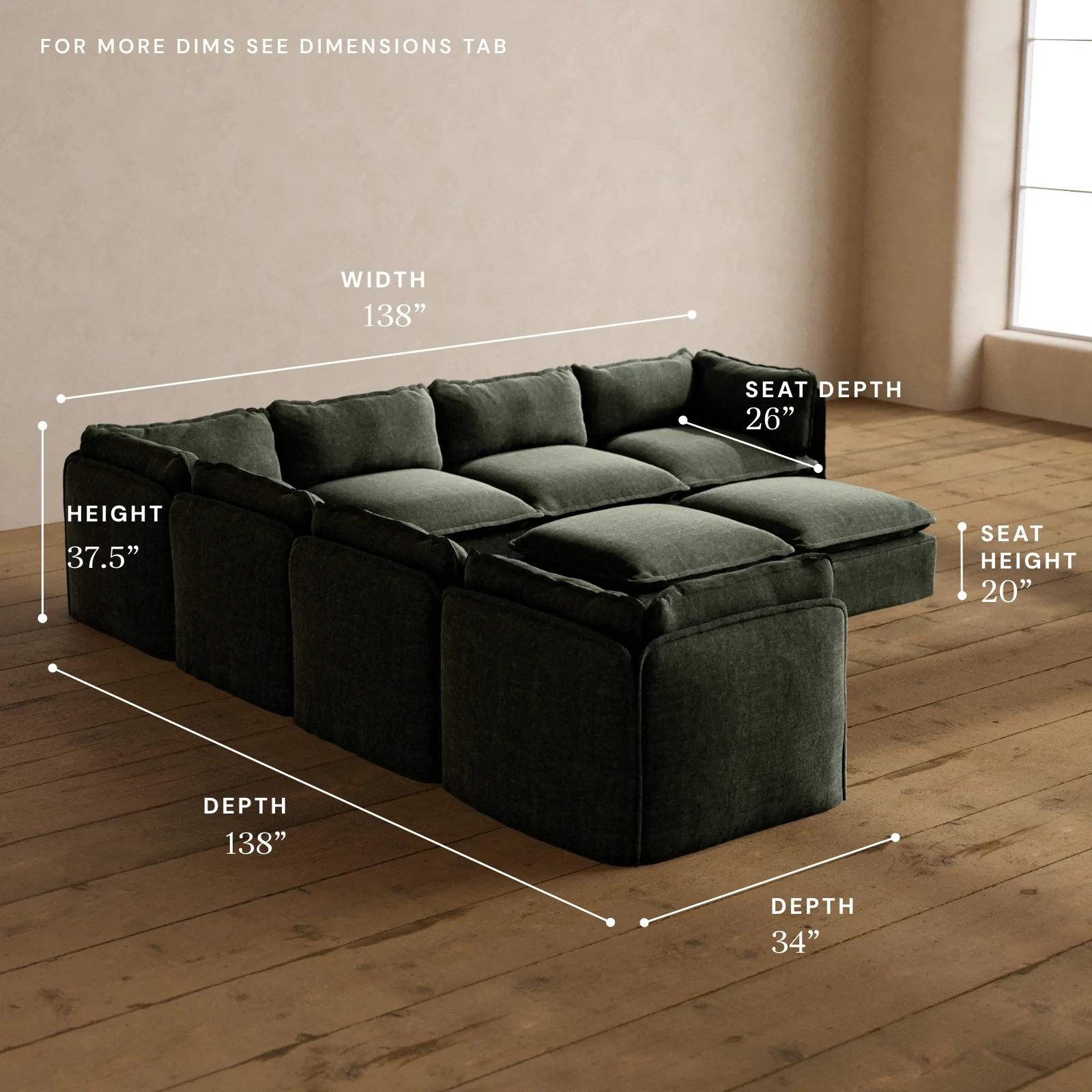 Modular Washable 7-Seater Corner Sectional + Bench Ottoman in Willow | Memorix+ Seat | Contour Pillow - Image 5