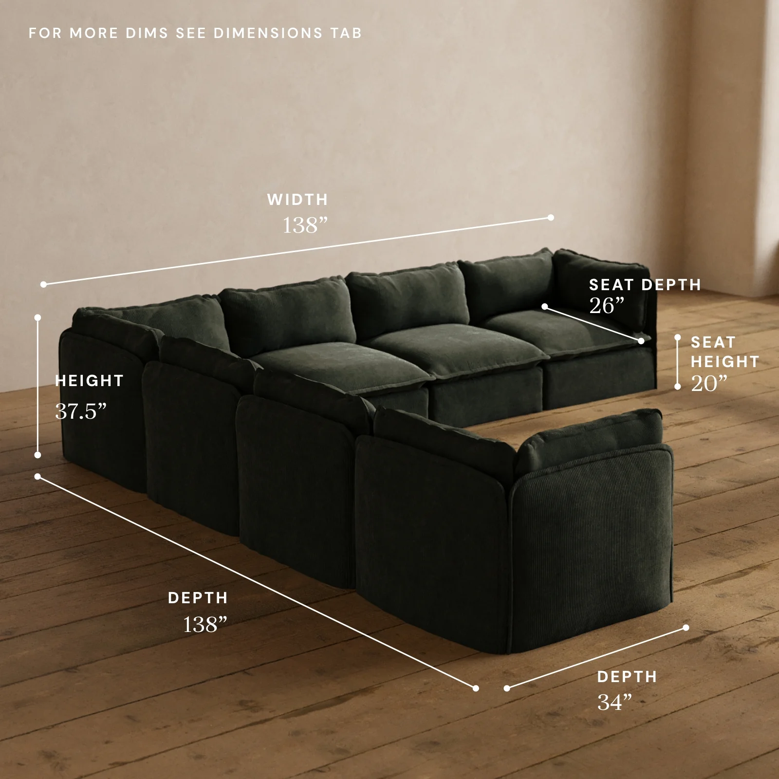 Modular Washable 7-Seater Corner Sectional in Olivine | Deluxe+ Seat | Cloud Pillow - Image 5
