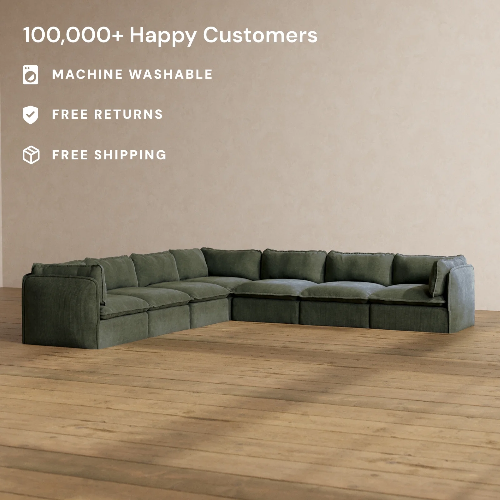Modular Washable 7-Seater Corner Sectional in Olivine | Memorix+ Seat | Contour Pillow - Image 2