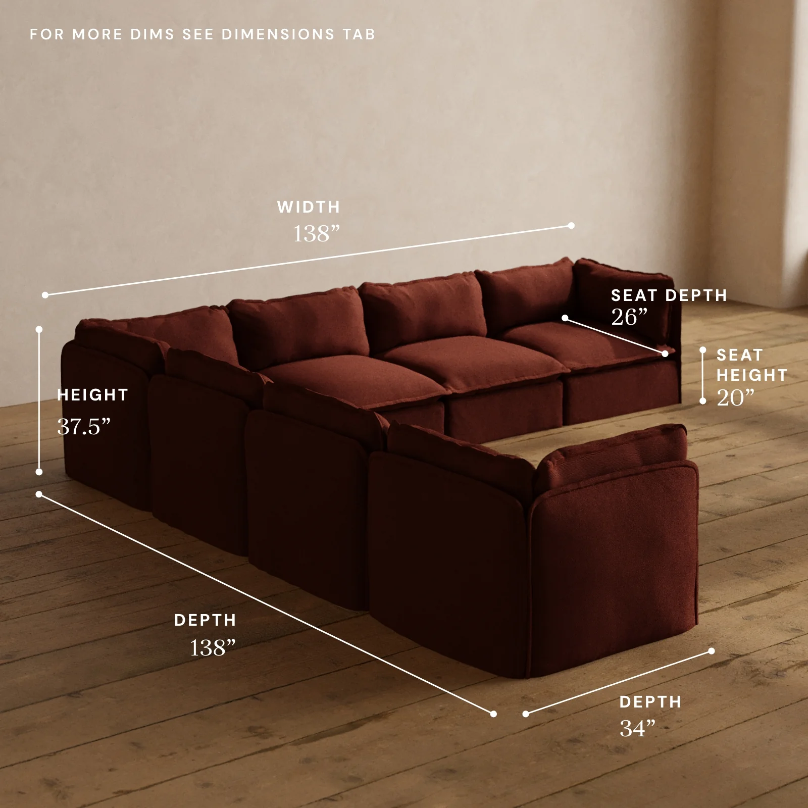 Modular Washable 7-Seater Corner Sectional in Rust | Memorix+ Seat | Contour Pillow - Image 5