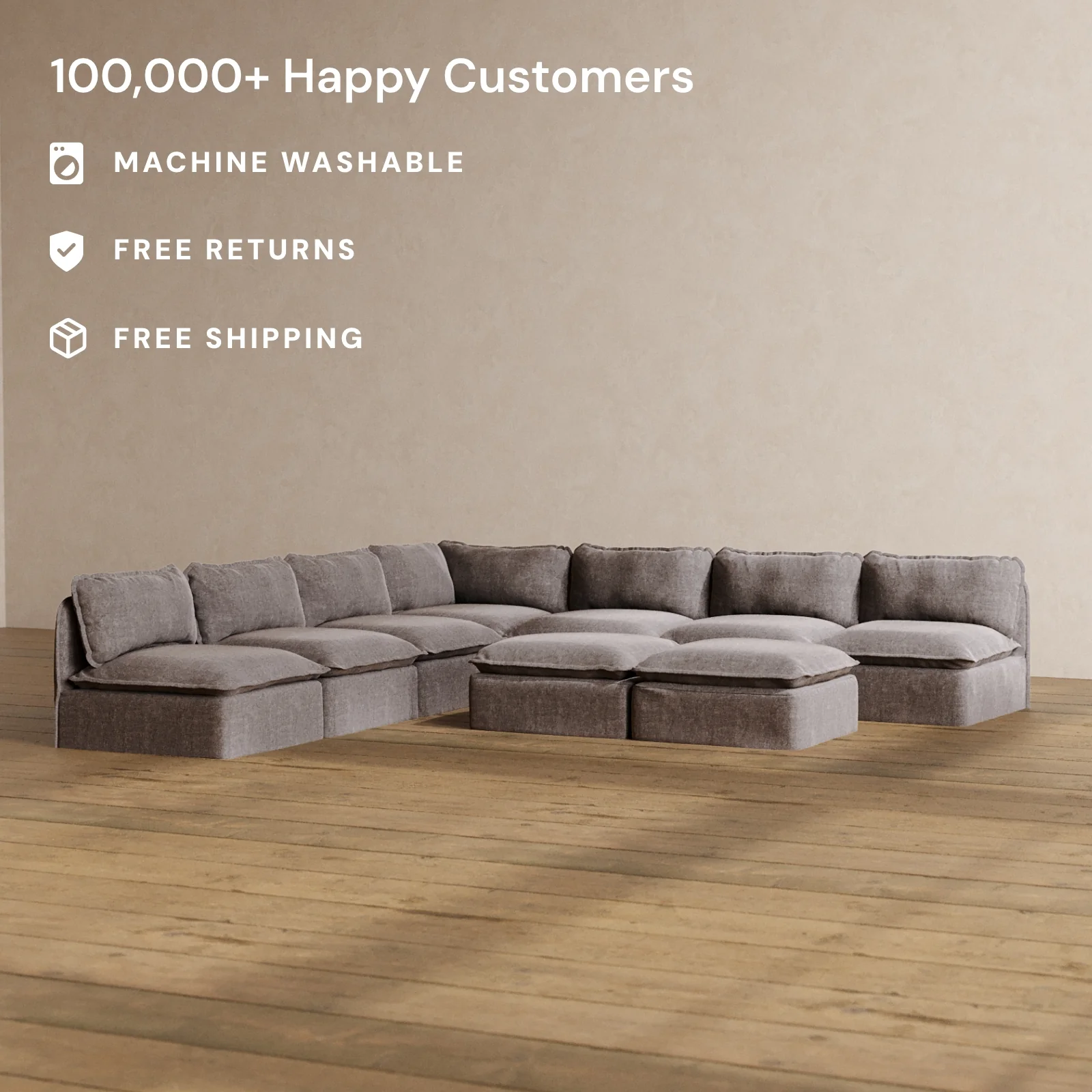 Modular Washable 7-Seater Open-Ends Corner Sectional + Bench Ottoman in Caviar | Deluxe+ Seat | Cloud Pillow - Image 2