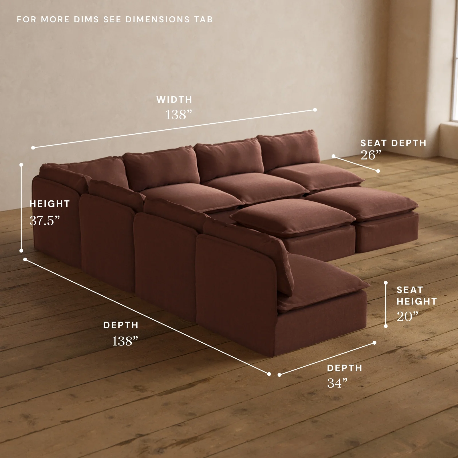 Modular Washable 7-Seater Open-Ends Corner Sectional + Bench Ottoman in Chestnut | Deluxe+ Seat | Cloud Pillow - Image 5