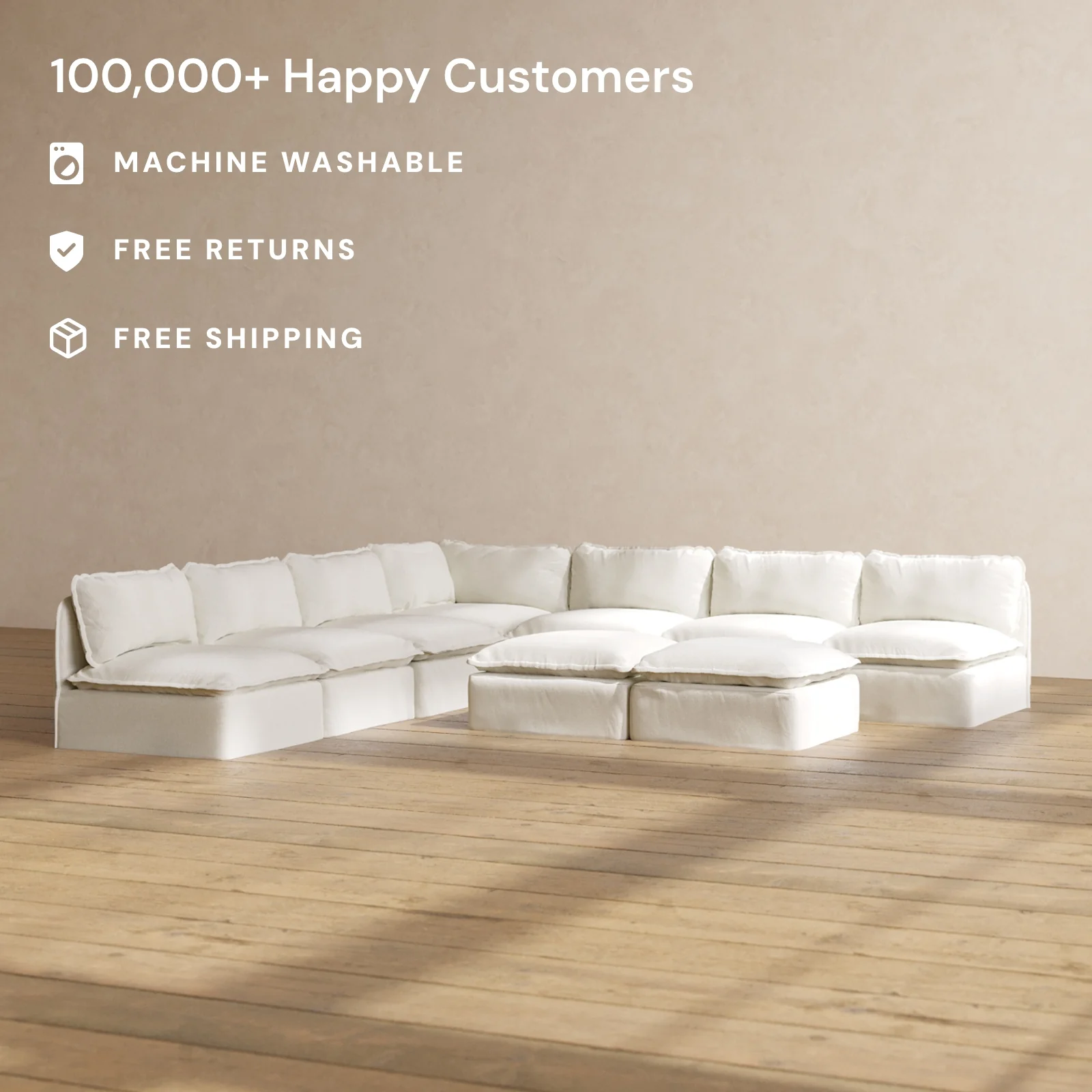 Modular Washable 7-Seater Open-Ends Corner Sectional + Bench Ottoman in Eggshell | Deluxe+ Seat | Cloud Pillow - Image 2