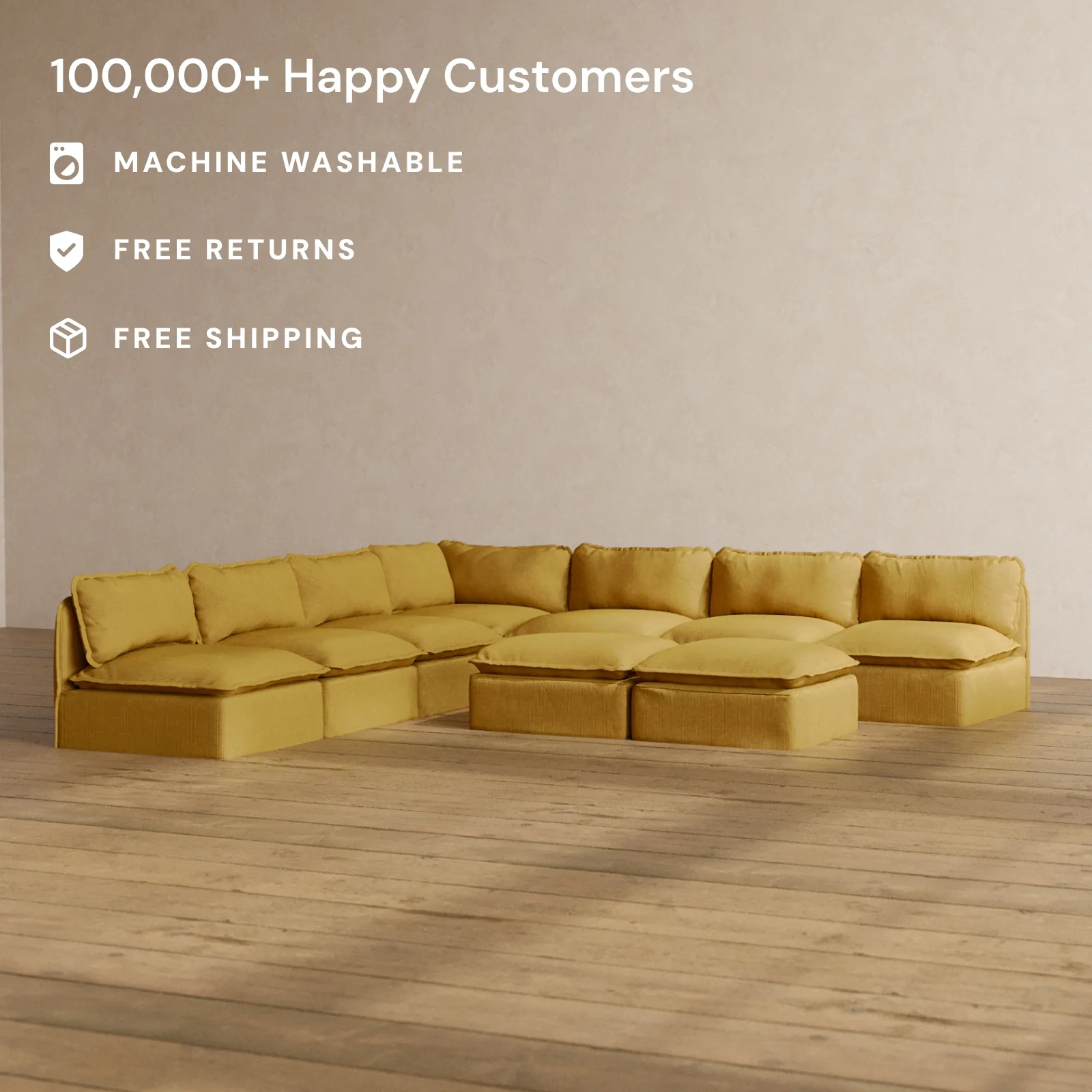 Modular Washable 7-Seater Open-Ends Corner Sectional + Bench Ottoman in Kiiro | Deluxe+ Seat | Cloud Pillow - Image 2