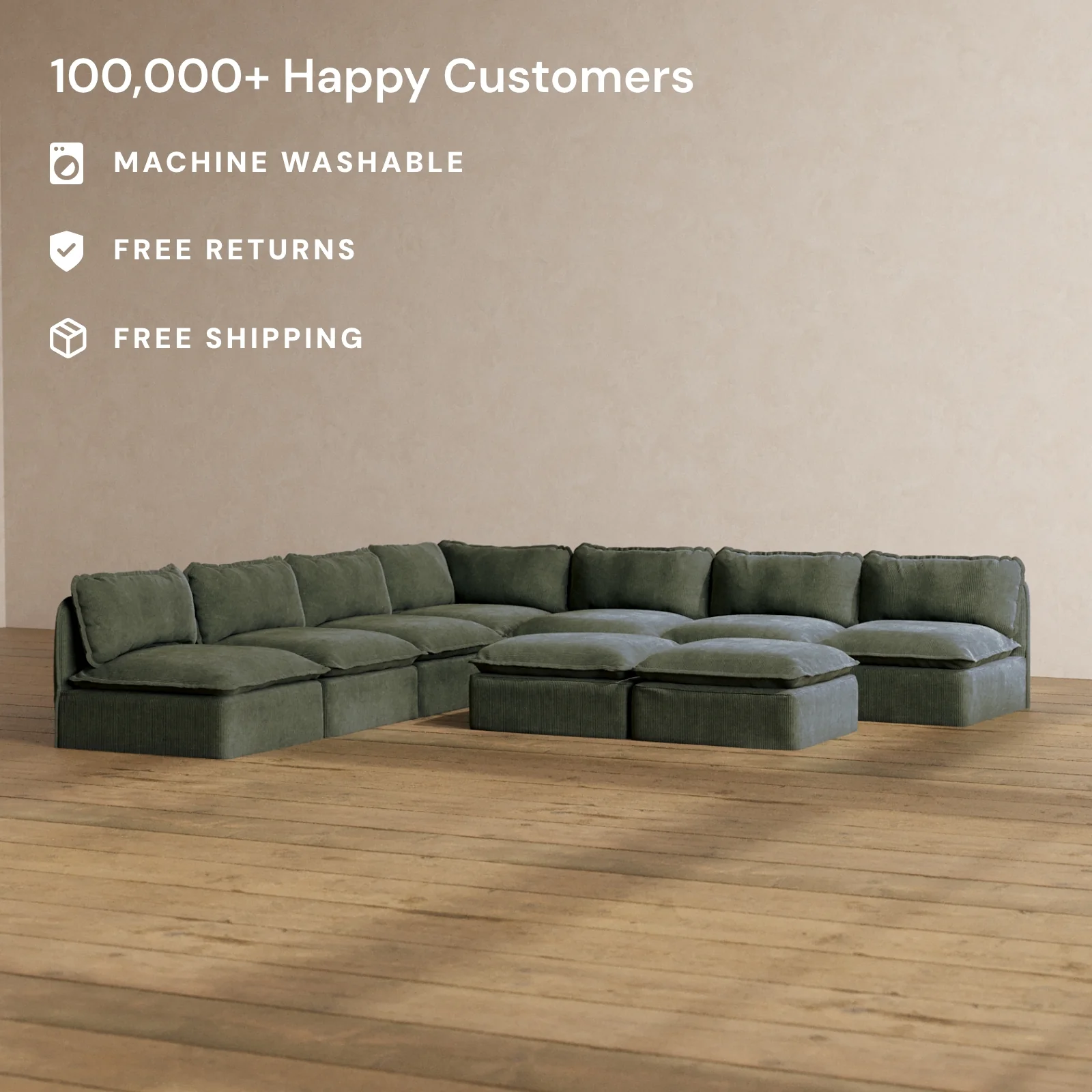 Modular Washable 7-Seater Open-Ends Corner Sectional + Bench Ottoman in Olivine | Deluxe+ Seat | Cloud Pillow - Image 2