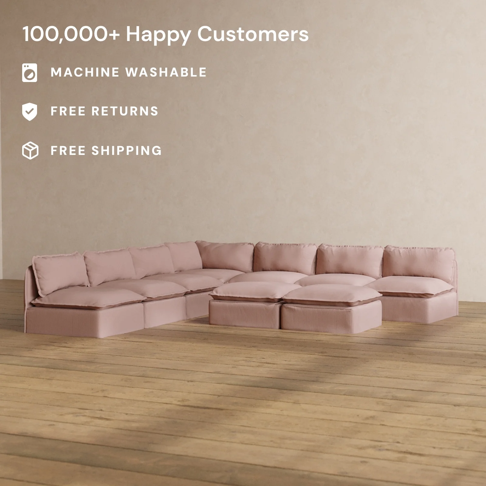 Modular Washable 7-Seater Open-Ends Corner Sectional + Bench Ottoman in Sakura | Memorix+ Seat | Contour Pillow - Image 2