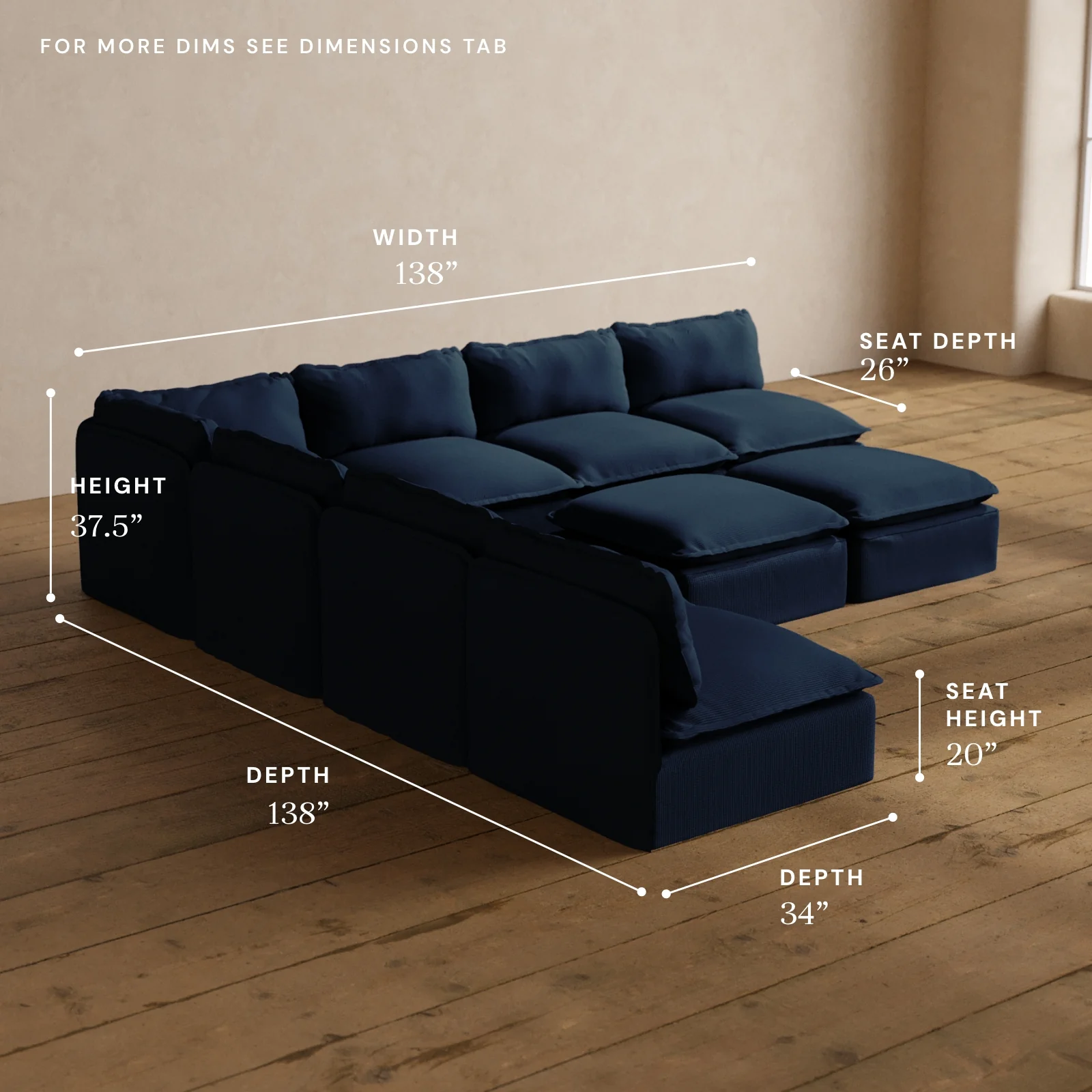Modular Washable 7-Seater Open-Ends Corner Sectional + Bench Ottoman in Sumi | Deluxe+ Seat | Cloud Pillow - Image 5
