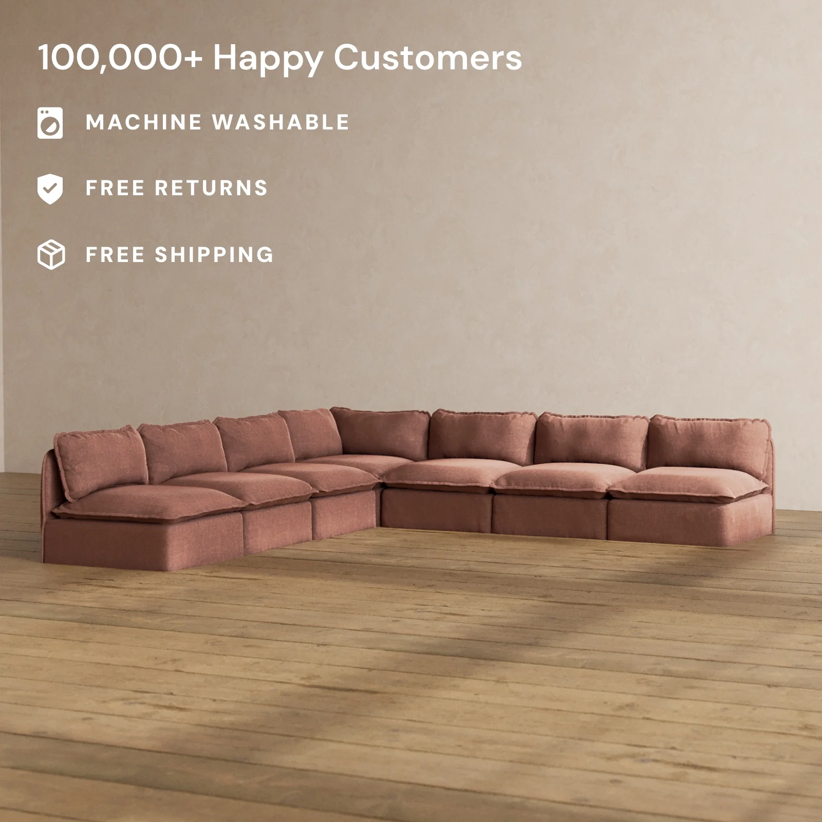 Modular Washable 7-Seater Open-Ends Corner Sectional in Chestnut | Deluxe+ Seat | Cloud Pillow - Image 2