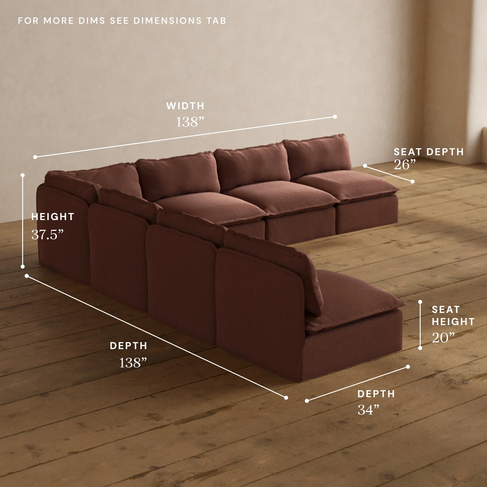 Modular Washable 7-Seater Open-Ends Corner Sectional in Chestnut | Memorix+ Seat | Contour Pillow - Image 5