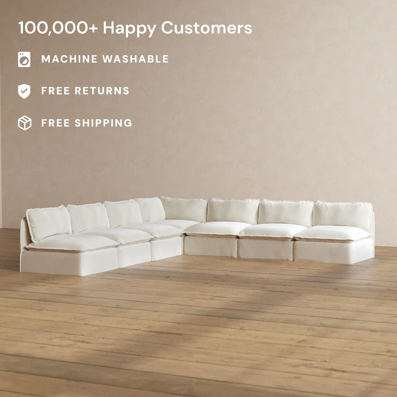 Modular Washable 7-Seater Open-Ends Corner Sectional in Coco | Deluxe+ Seat | Cloud Pillow - Image 2