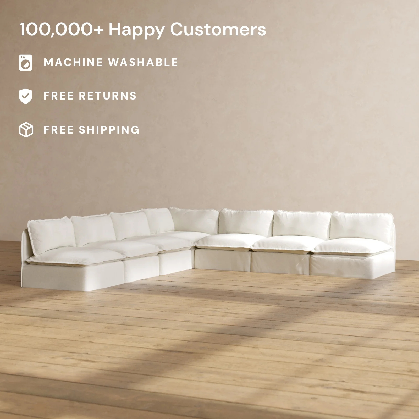 Modular Washable 7-Seater Open-Ends Corner Sectional in Eggshell | Memorix+ Seat | Contour Pillow - Image 2