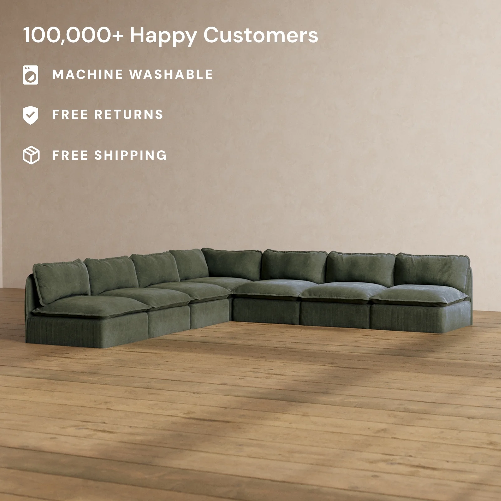 Modular Washable 7-Seater Open-Ends Corner Sectional in Olivine | Deluxe+ Seat | Cloud Pillow - Image 2