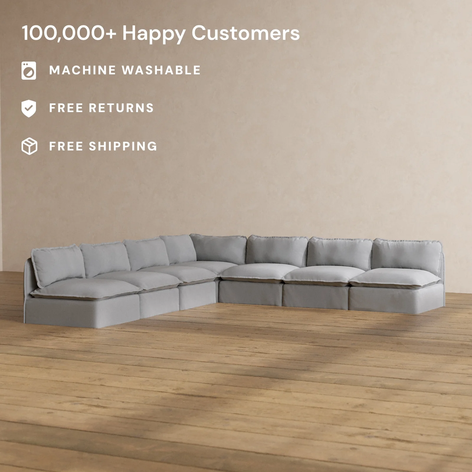 Modular Washable 7-Seater Open-Ends Corner Sectional in Pumice | Memorix+ Seat | Contour Pillow - Image 2