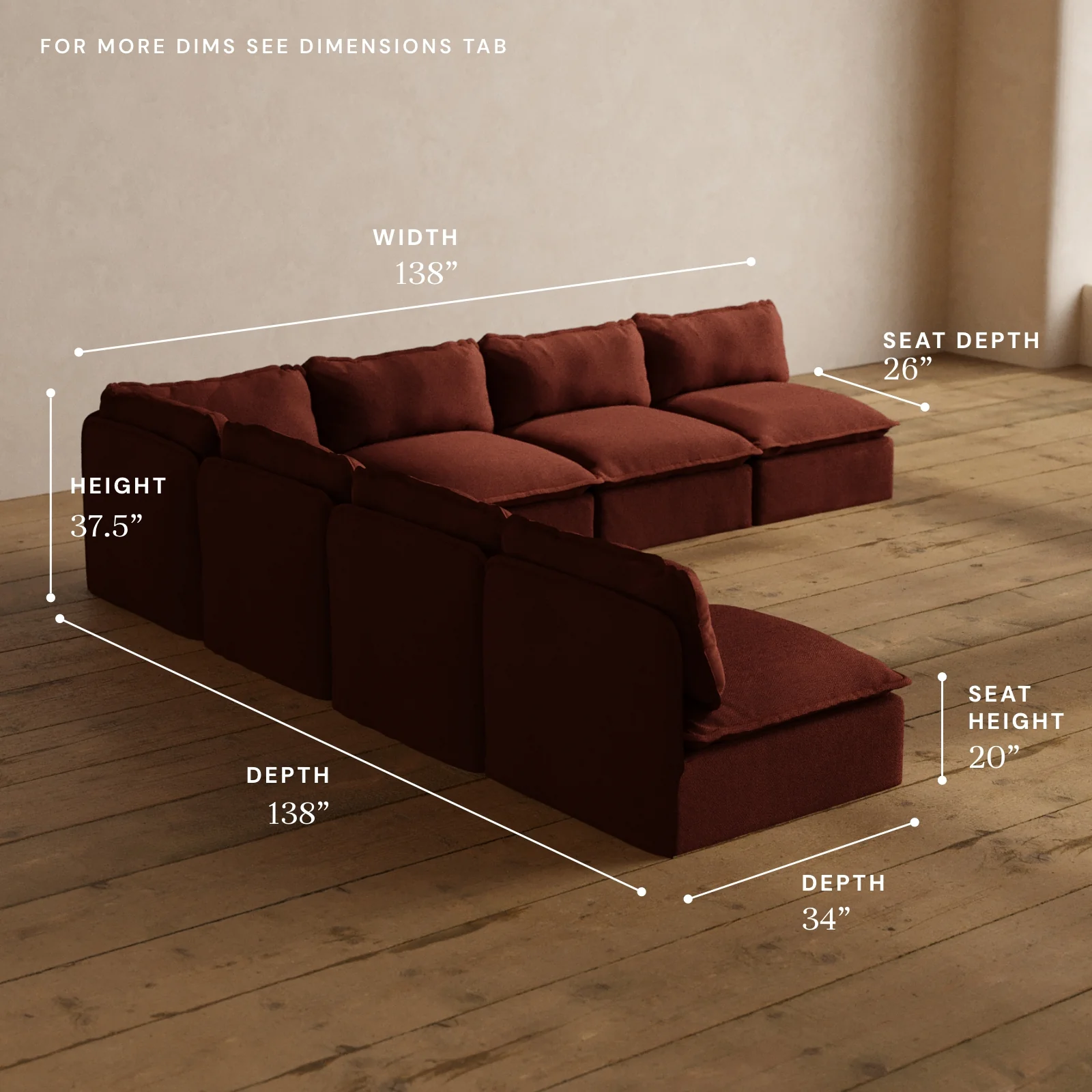 Modular Washable 7-Seater Open-Ends Corner Sectional in Rust | Deluxe+ Seat | Cloud Pillow - Image 5