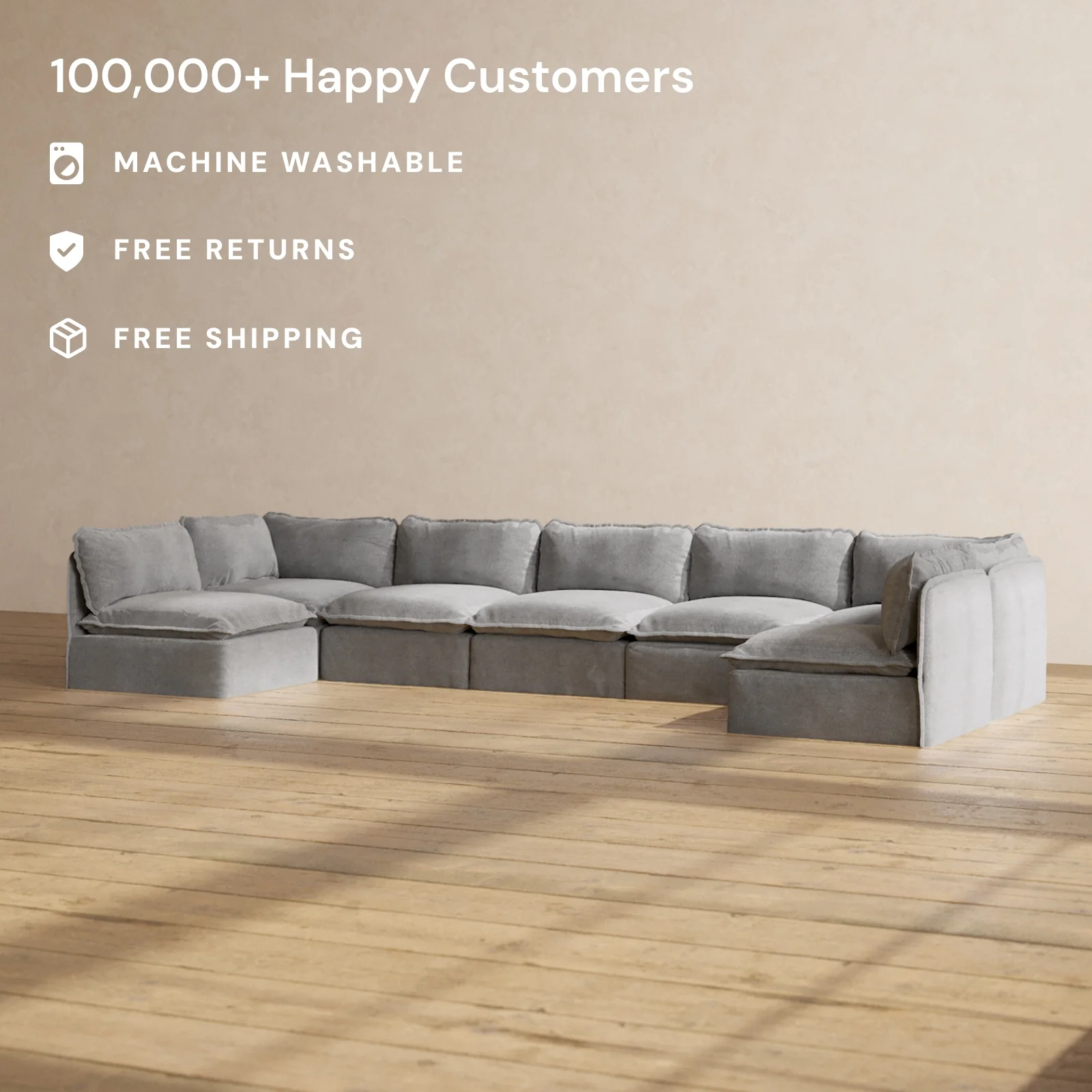 Modular Washable 7-Seater Open-Ends U-Sectional in Ash | Memorix+ Seat | Contour Pillow - Image 2