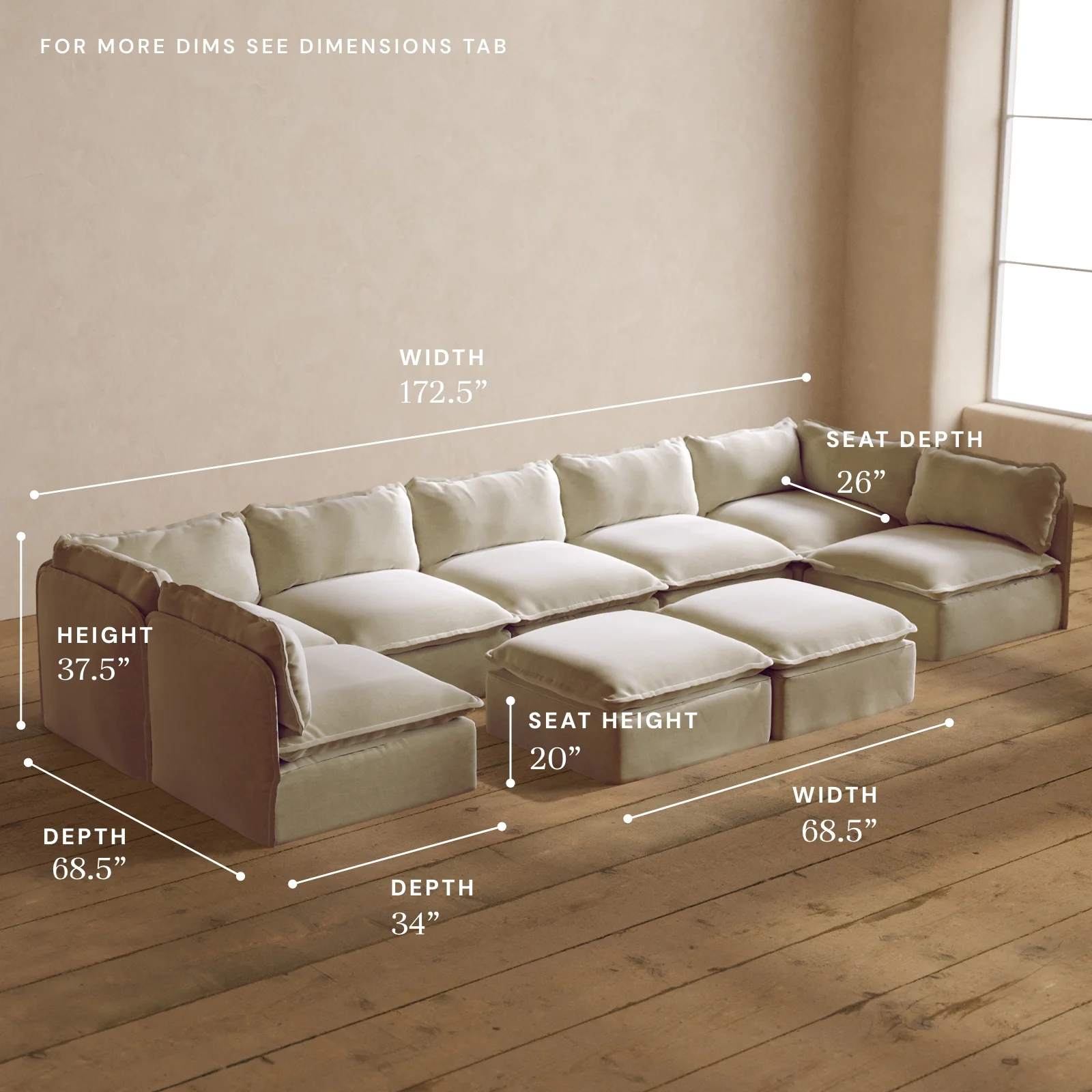 Modular Washable 7-Seater Open-Ends U-Sectional + Bench Ottoman in Coco | Deluxe+ Seat | Cloud Pillow - Image 5