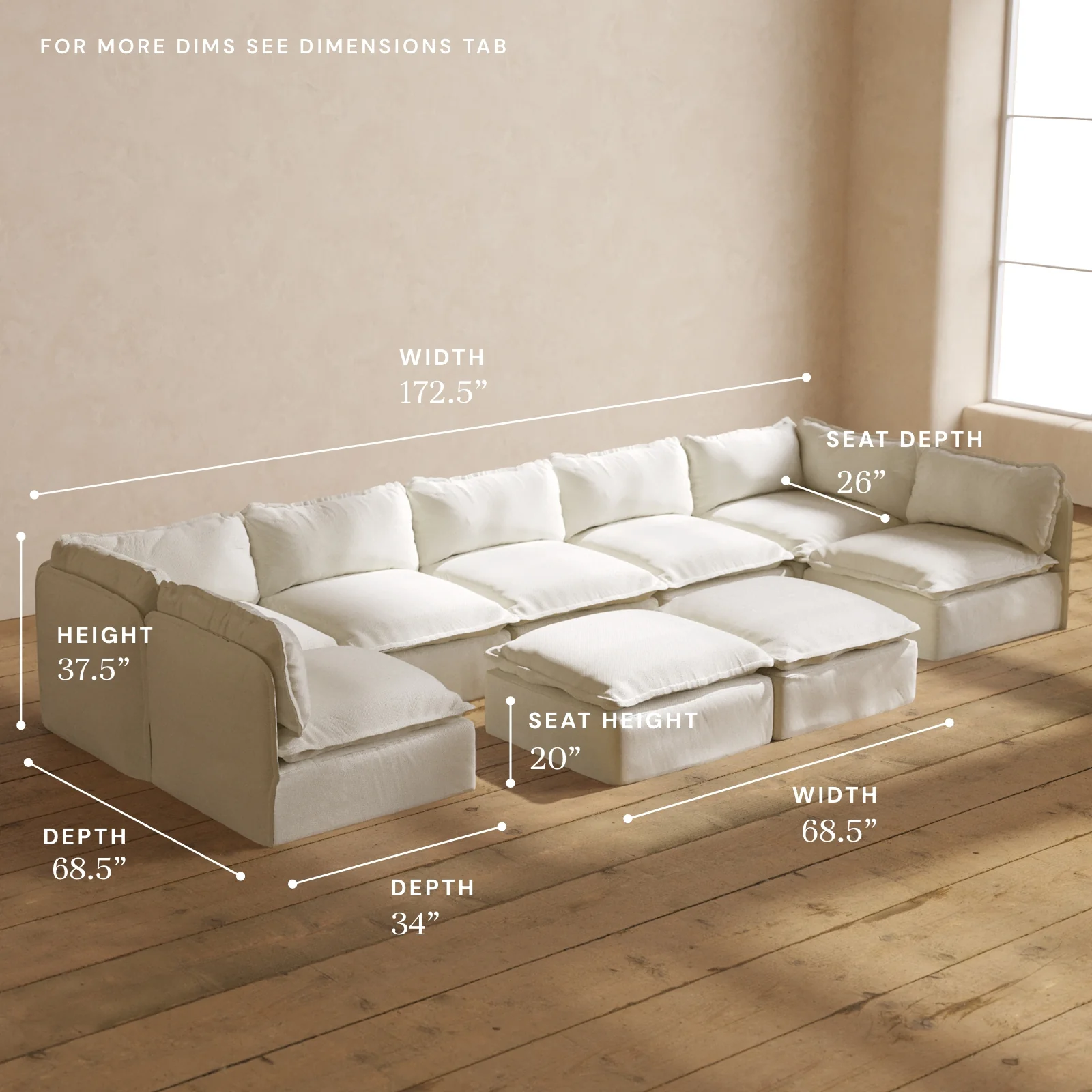 Modular Washable 7-Seater Open-Ends U-Sectional + Bench Ottoman in Eggshell | Memorix+ Seat | Contour Pillow - Image 5