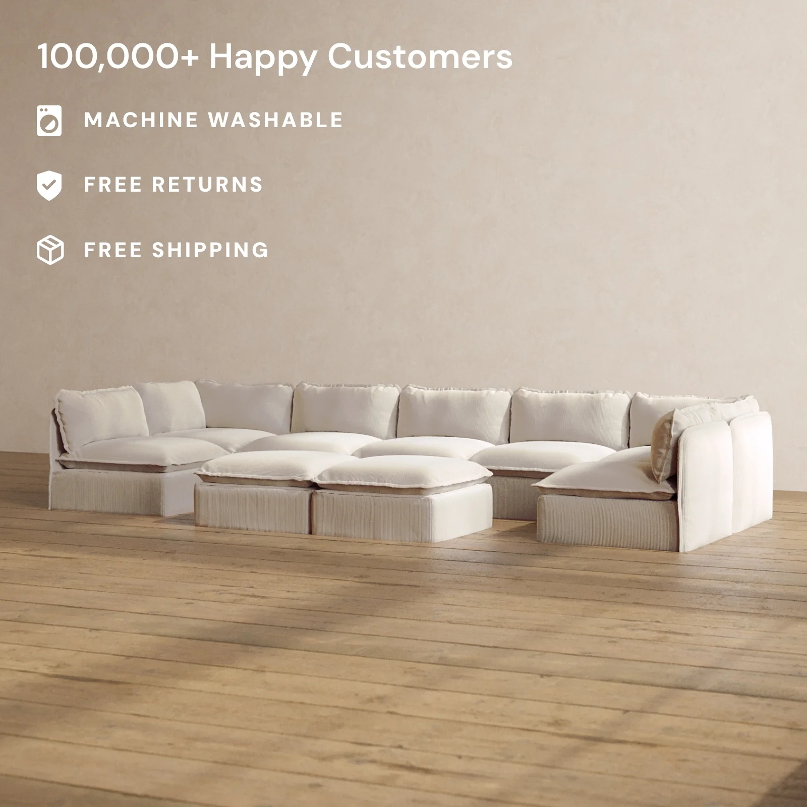 Modular Washable 7-Seater Open-Ends U-Sectional + Bench Ottoman in Milk | Memorix+ Seat | Contour Pillow - Image 2