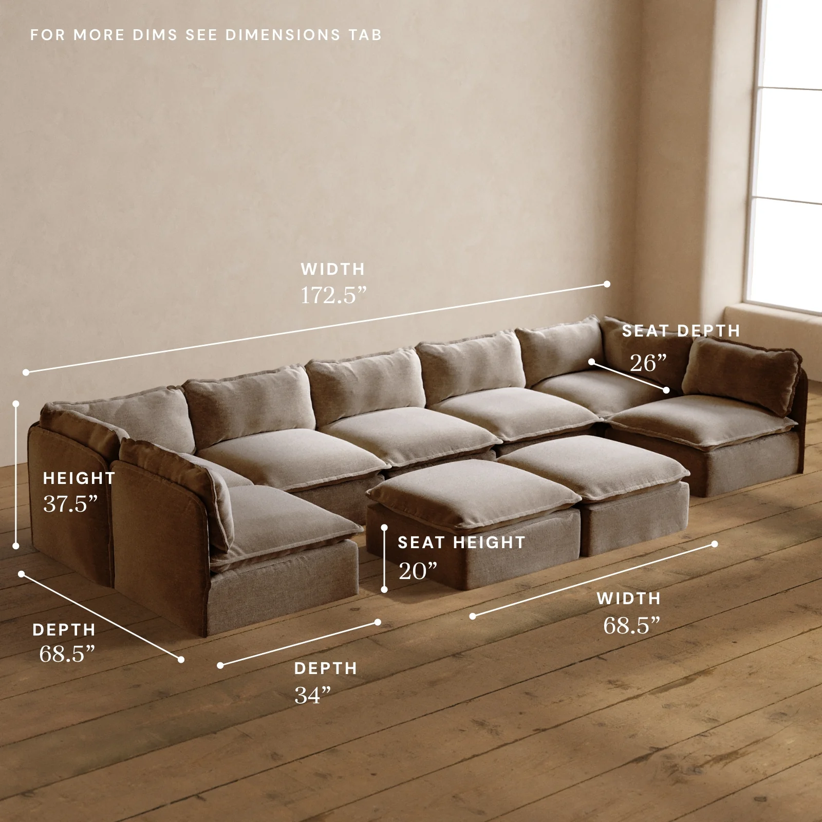 Modular Washable 7-Seater Open-Ends U-Sectional + Bench Ottoman in Mist | Deluxe+ Seat | Cloud Pillow - Image 5