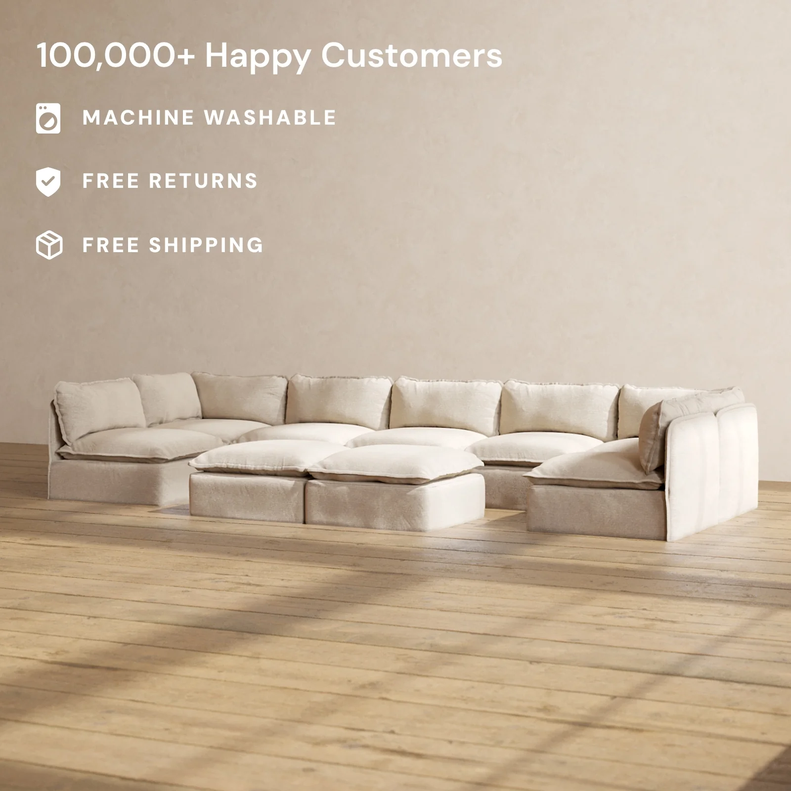 Modular Washable 7-Seater Open-Ends U-Sectional + Bench Ottoman in Oat | Deluxe+ Seat | Cloud Pillow - Image 2