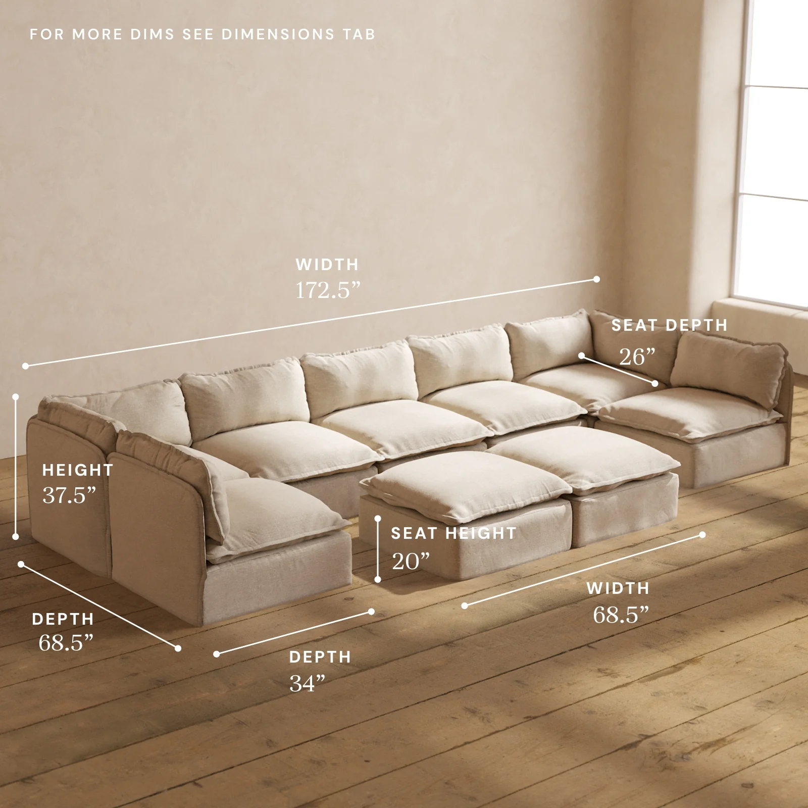 Modular Washable 7-Seater Open-Ends U-Sectional + Bench Ottoman in Oat | Deluxe+ Seat | Cloud Pillow - Image 5