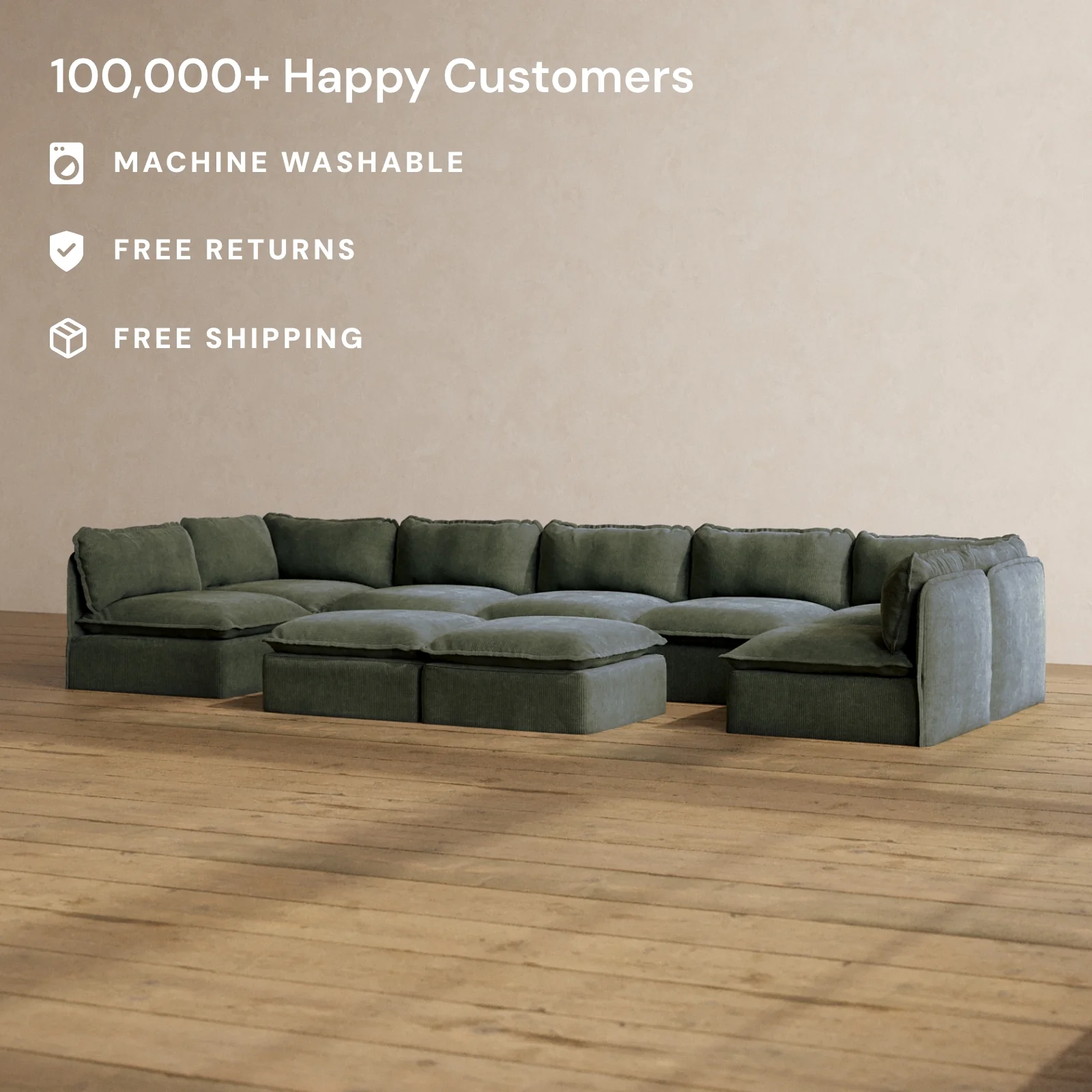 Modular Washable 7-Seater Open-Ends U-Sectional + Bench Ottoman in Olivine | Deluxe+ Seat | Cloud Pillow - Image 2