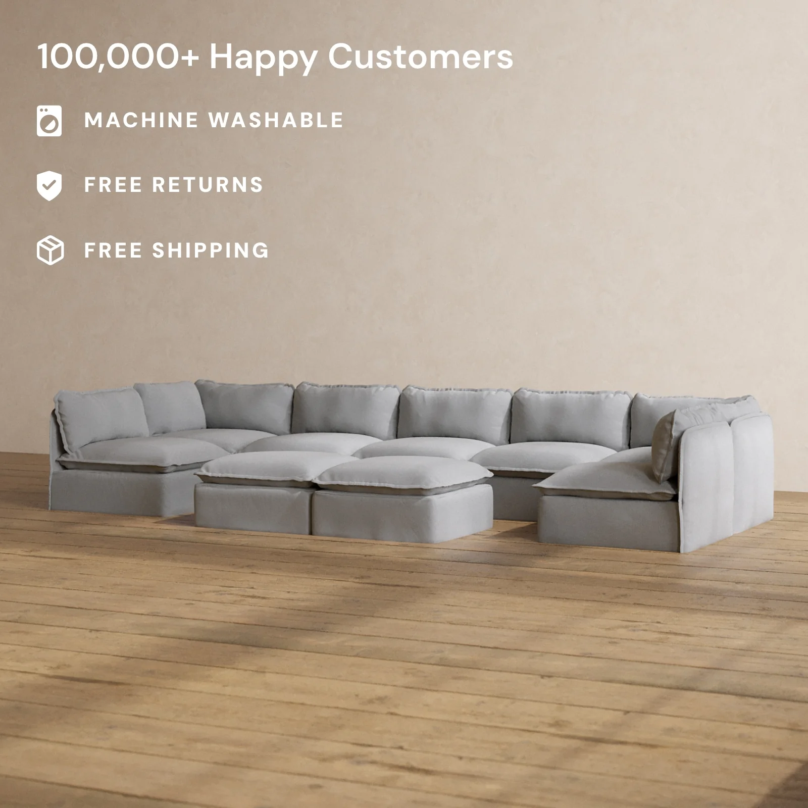 Modular Washable 7-Seater Open-Ends U-Sectional + Bench Ottoman in Pumice | Memorix+ Seat | Contour Pillow - Image 2