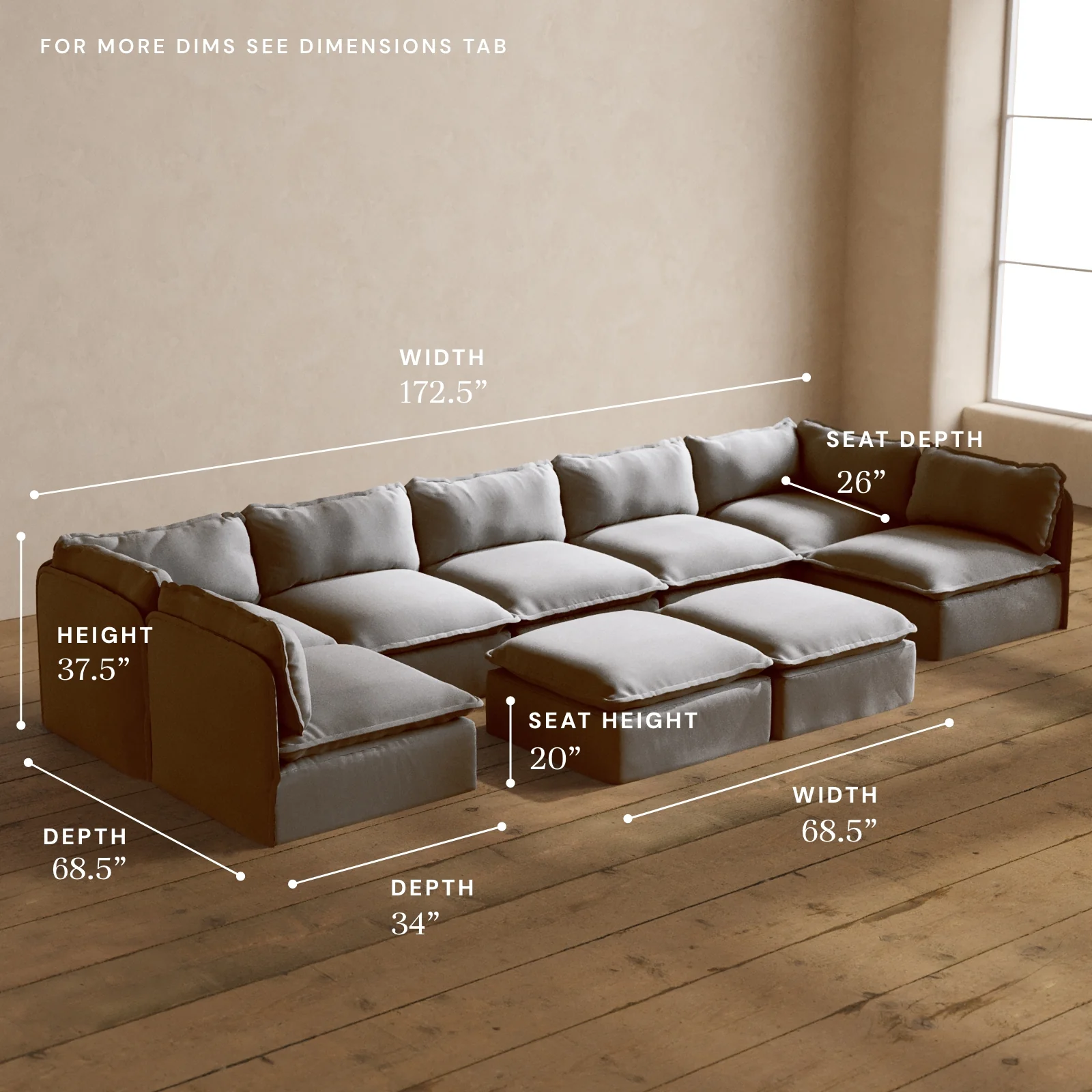 Modular Washable 7-Seater Open-Ends U-Sectional + Bench Ottoman in Pumice | Memorix+ Seat | Contour Pillow - Image 5