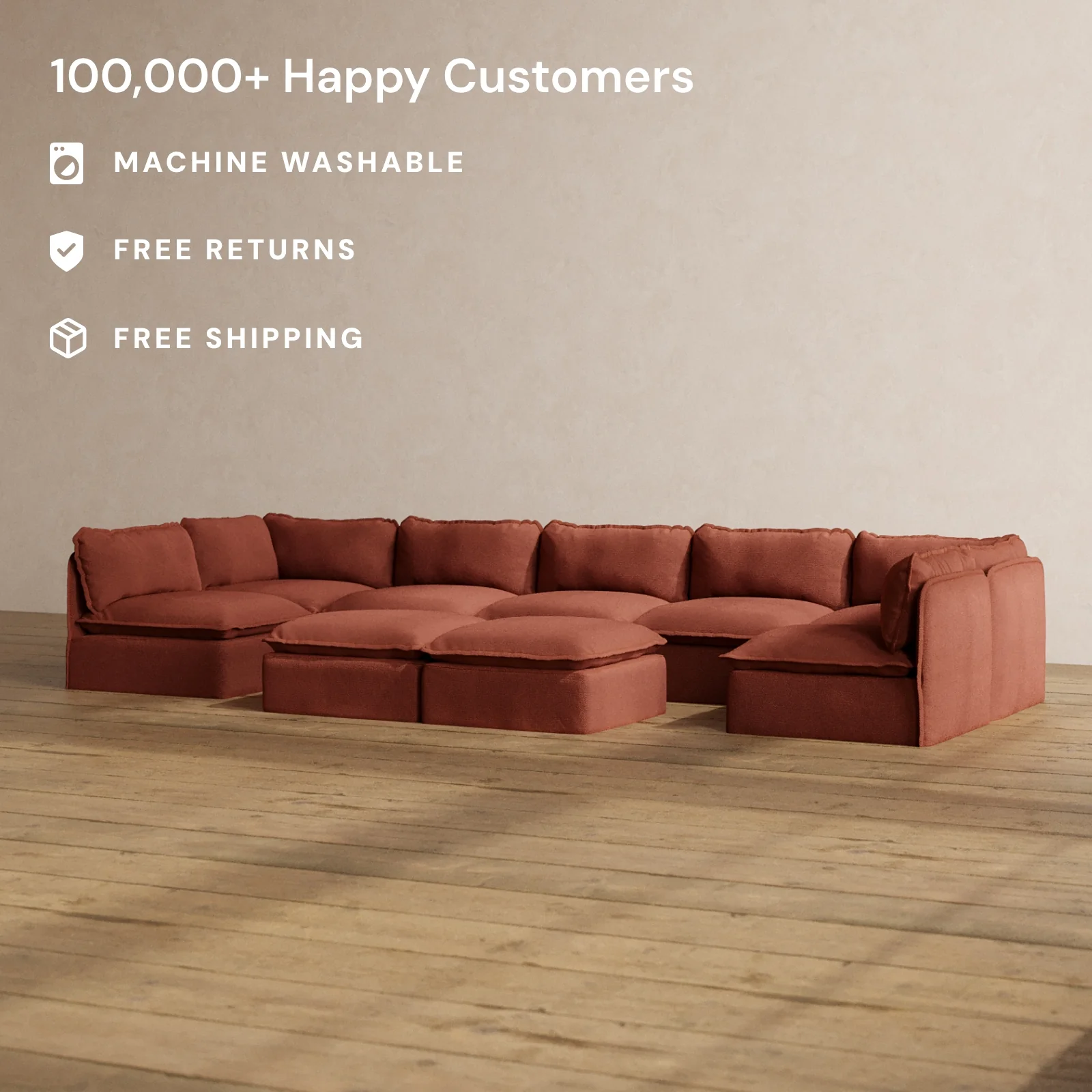 Modular Washable 7-Seater Open-Ends U-Sectional + Bench Ottoman in Rust | Deluxe+ Seat | Cloud Pillow - Image 2